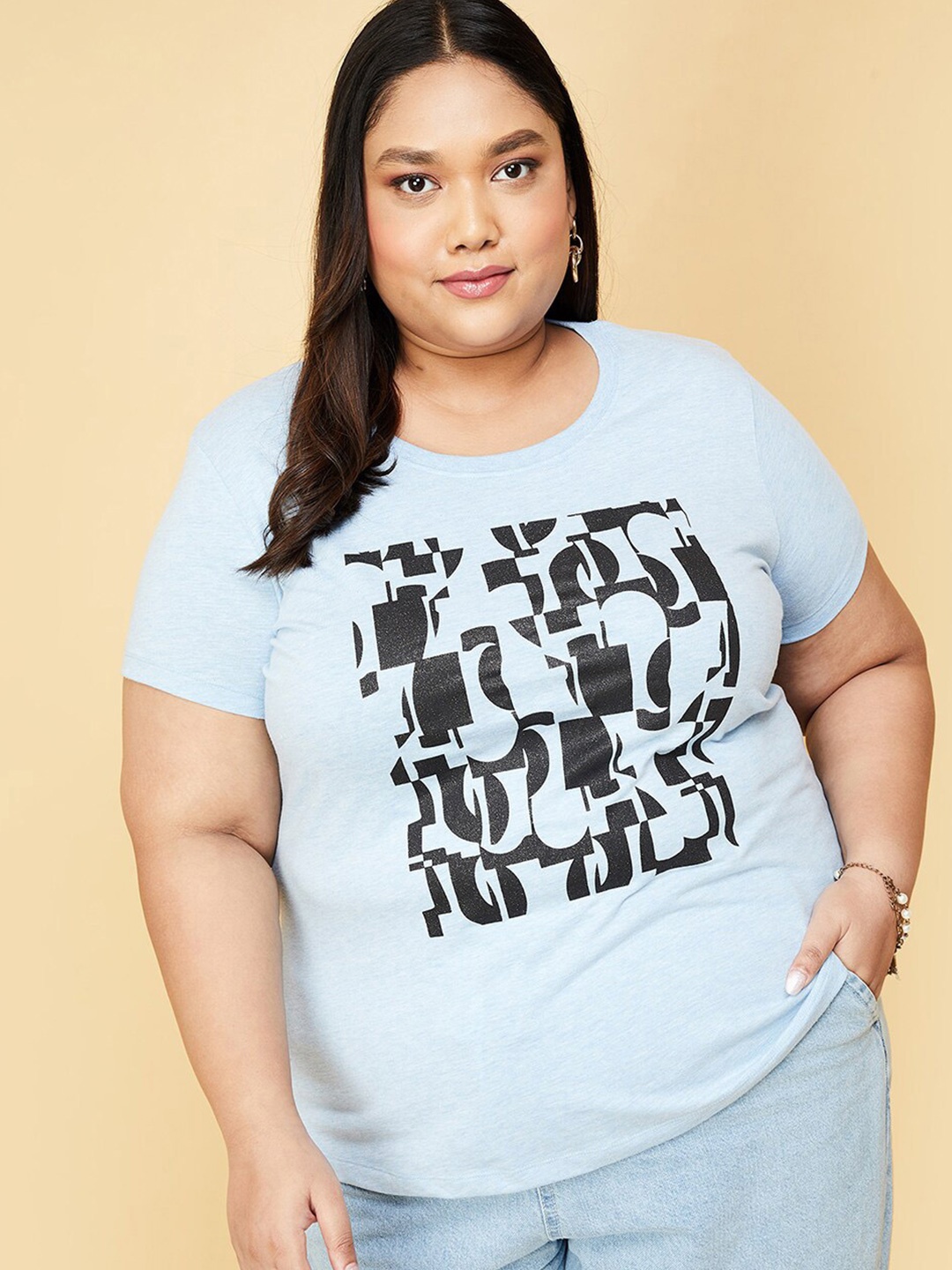 

max Plus Size Abstract Printed Pure Cotton T-shirt, Blue