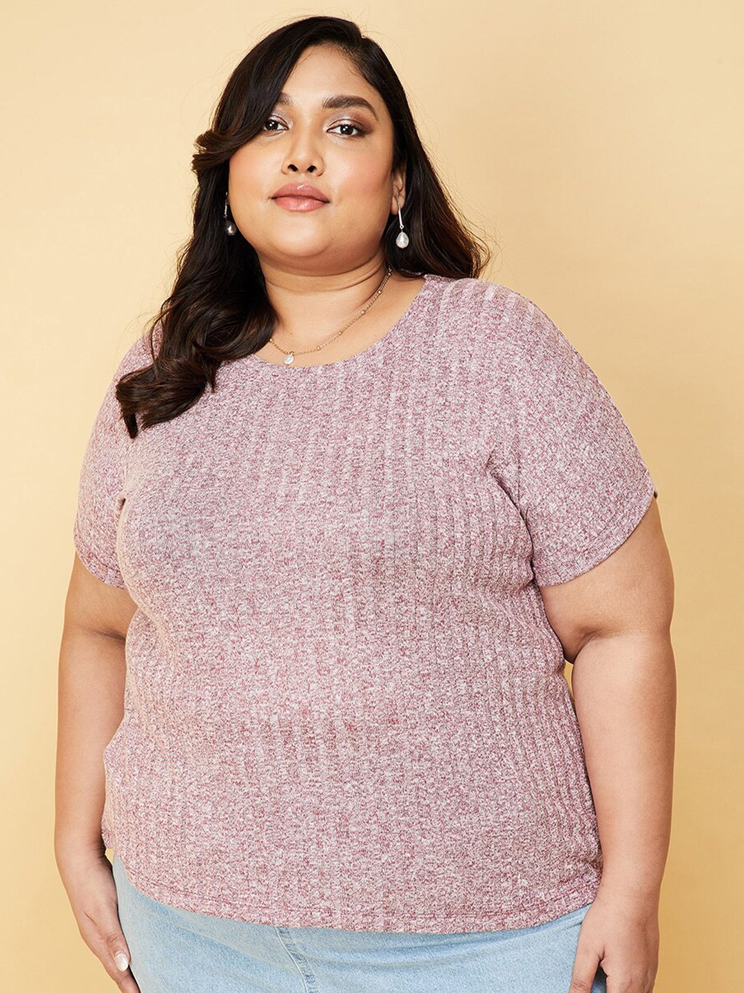 

max Plus Size Self Design Round Neck T-shirt, Mauve