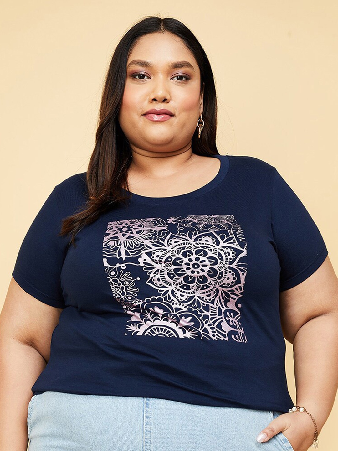 

max Plus Size Graphic Printed Round Neck Pure Cotton T-shirt, Blue