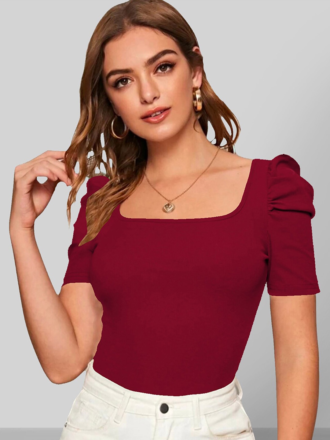 

Dream Beauty Fashion Square Neck Puff Sleeve Top, Maroon