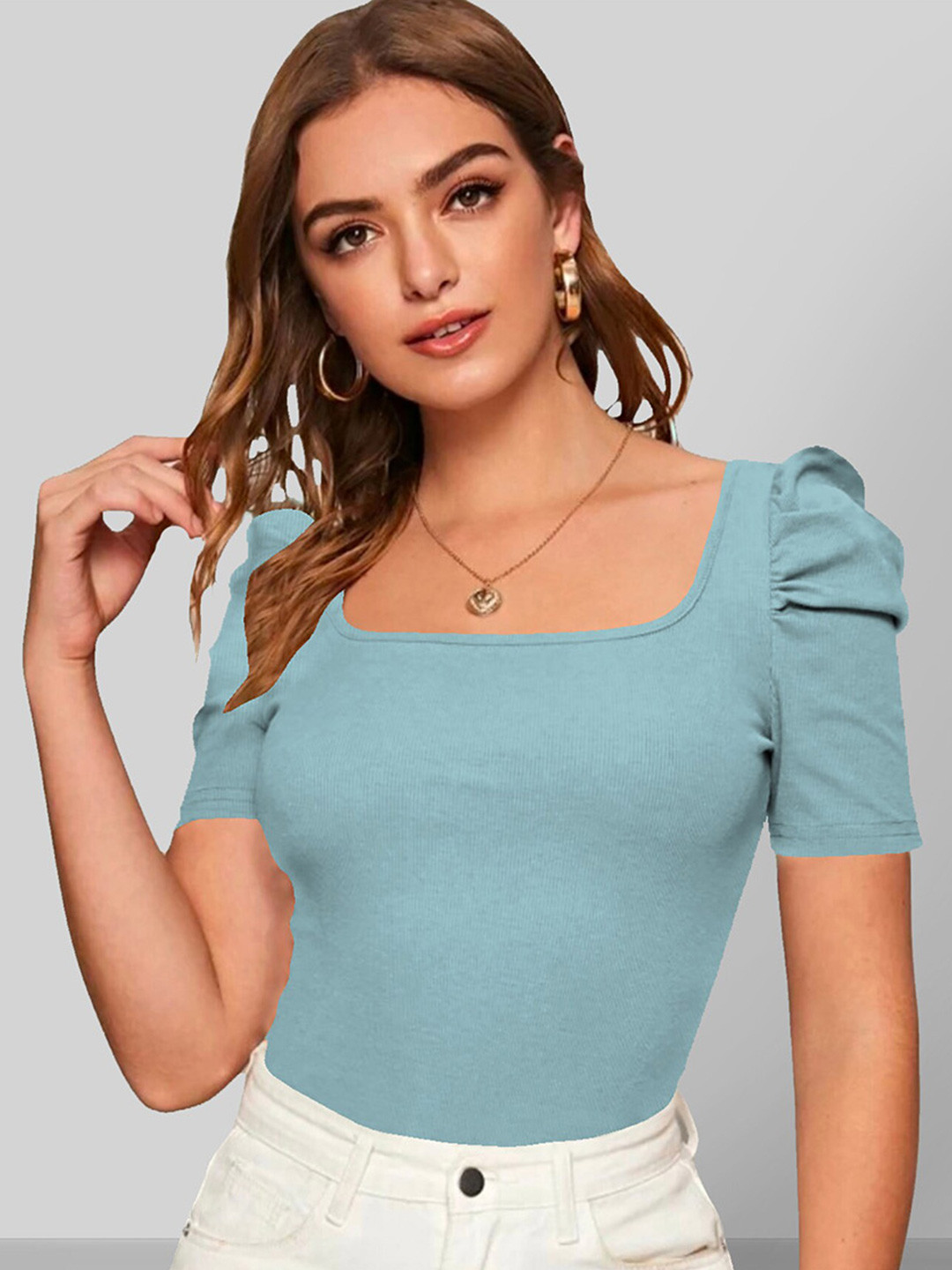 

Dream Beauty Fashion Square Neck Puff Sleeve Top, Turquoise blue