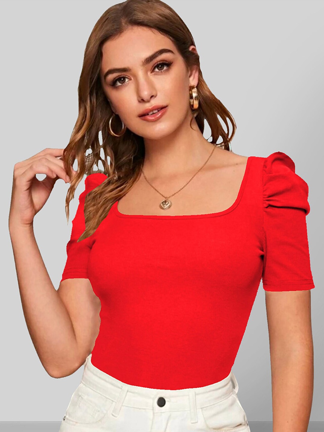 

Dream Beauty Fashion Square Neck Puff Sleeve Top, Red