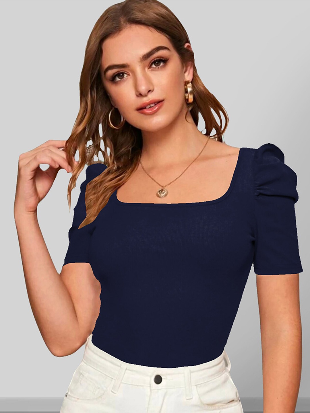 

Dream Beauty Fashion Square Neck Puff Sleeve Top, Navy blue