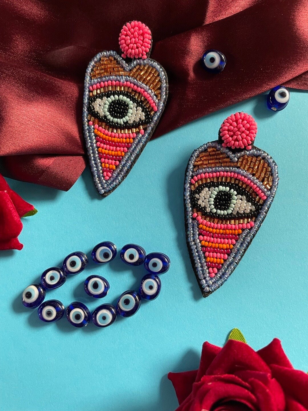 

Digital Dress Room Beaded Evil Eye Design Drop Earrings, Blue