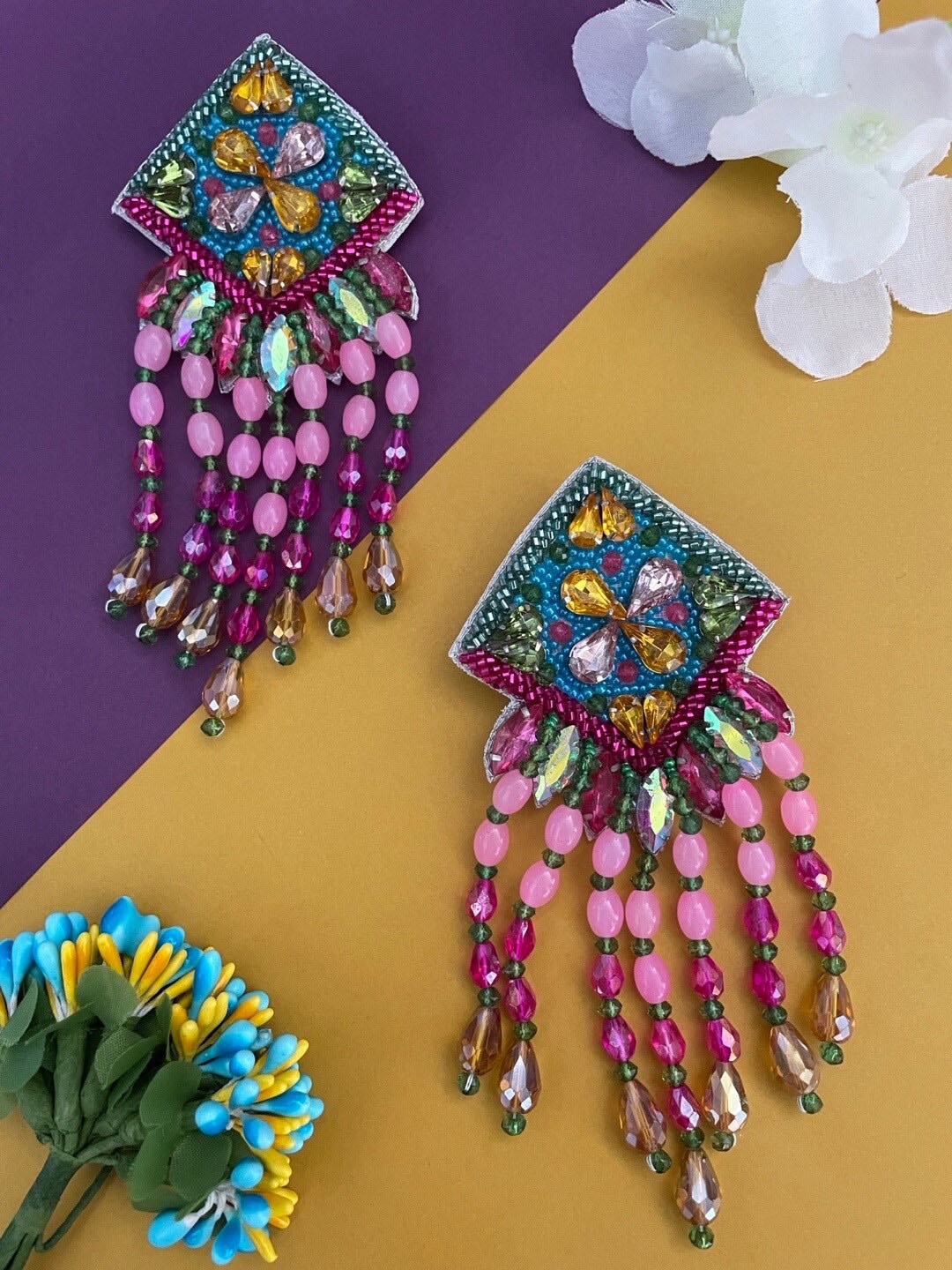 

Digital Dress Room Square Shape Beaded Drop Earrings, Purple