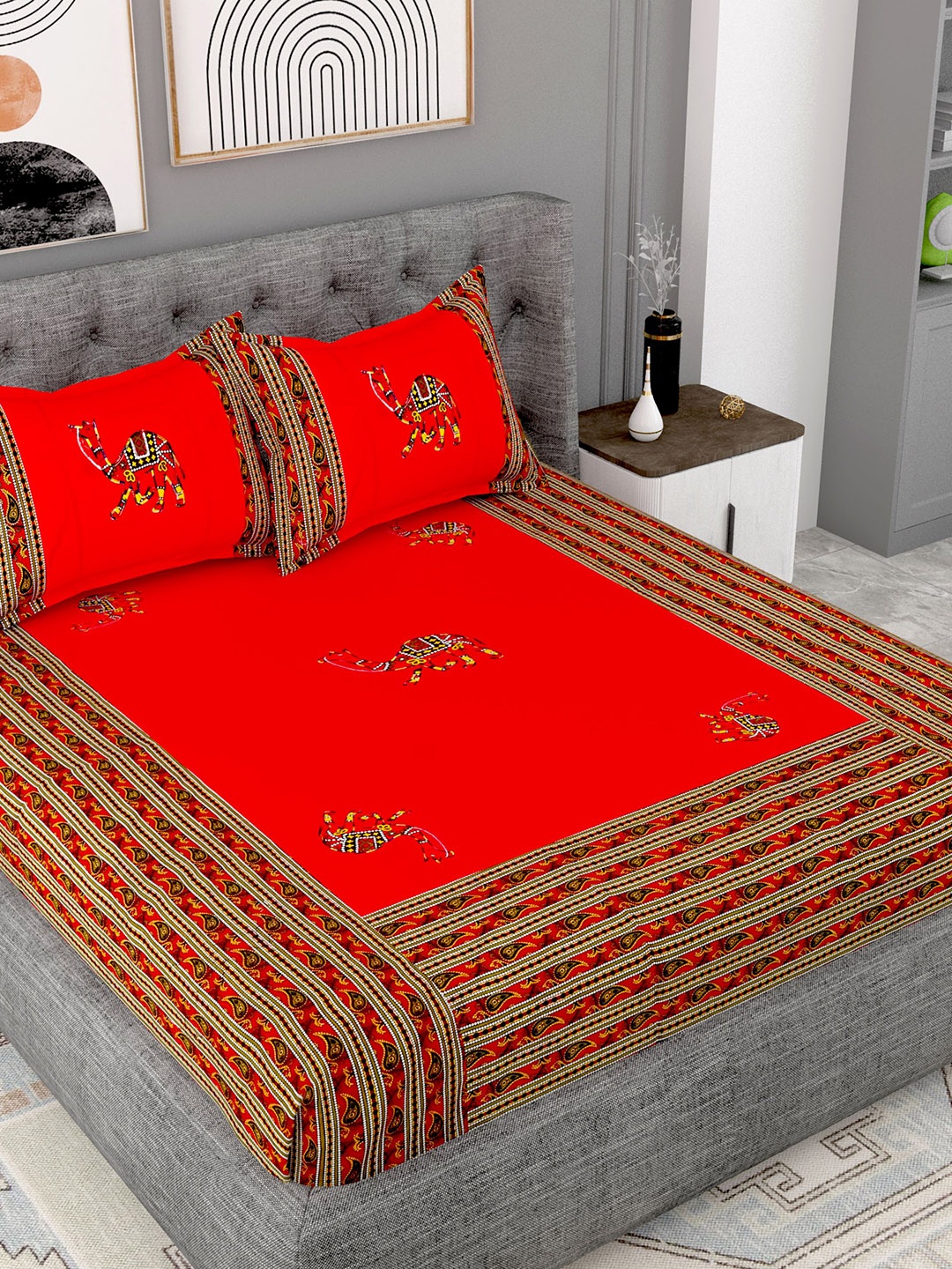 

Lali Prints Red & Yellow Printed Cotton 180 TC King Bedsheet With 2 Pillow Covers