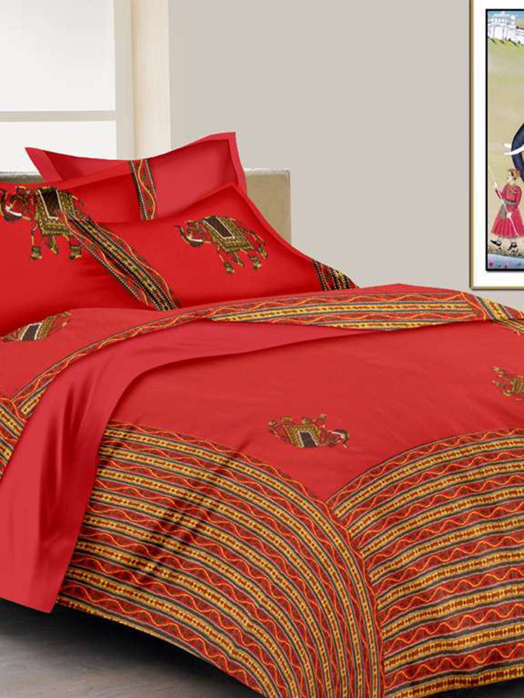 

Lali Prints Red & Yellow Ethnic Motifs Cotton 180 TC King Bedsheet With 2 Pillow Covers