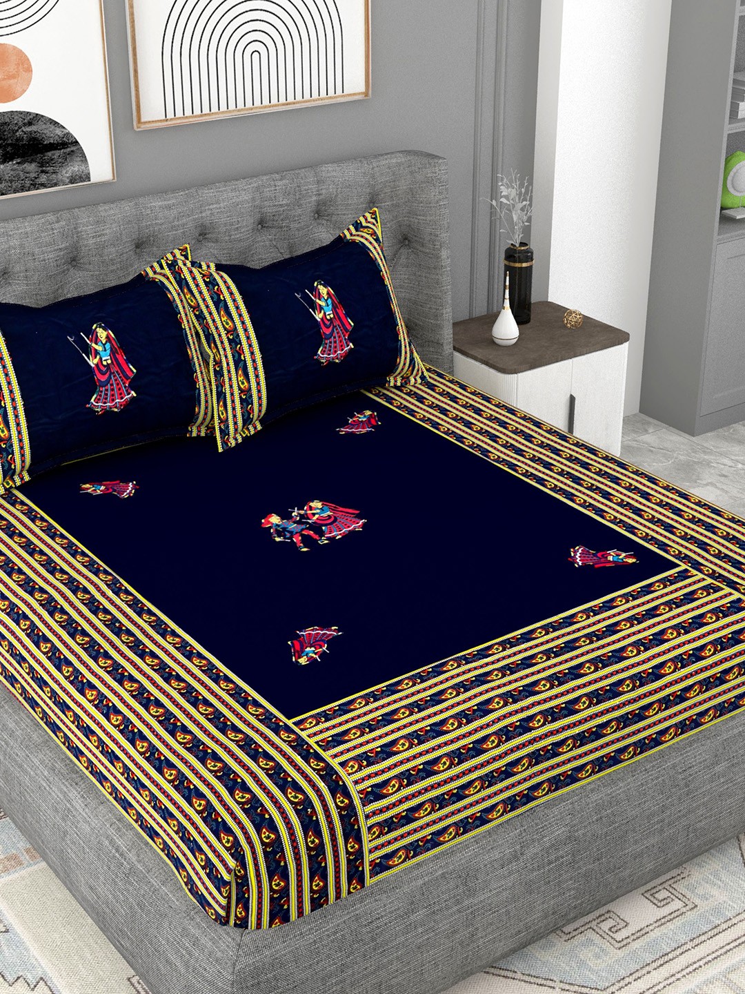 

Lali Prints Blue & Yellow Printed Cotton 180 TC King Bedsheet with 2 Pillow Covers
