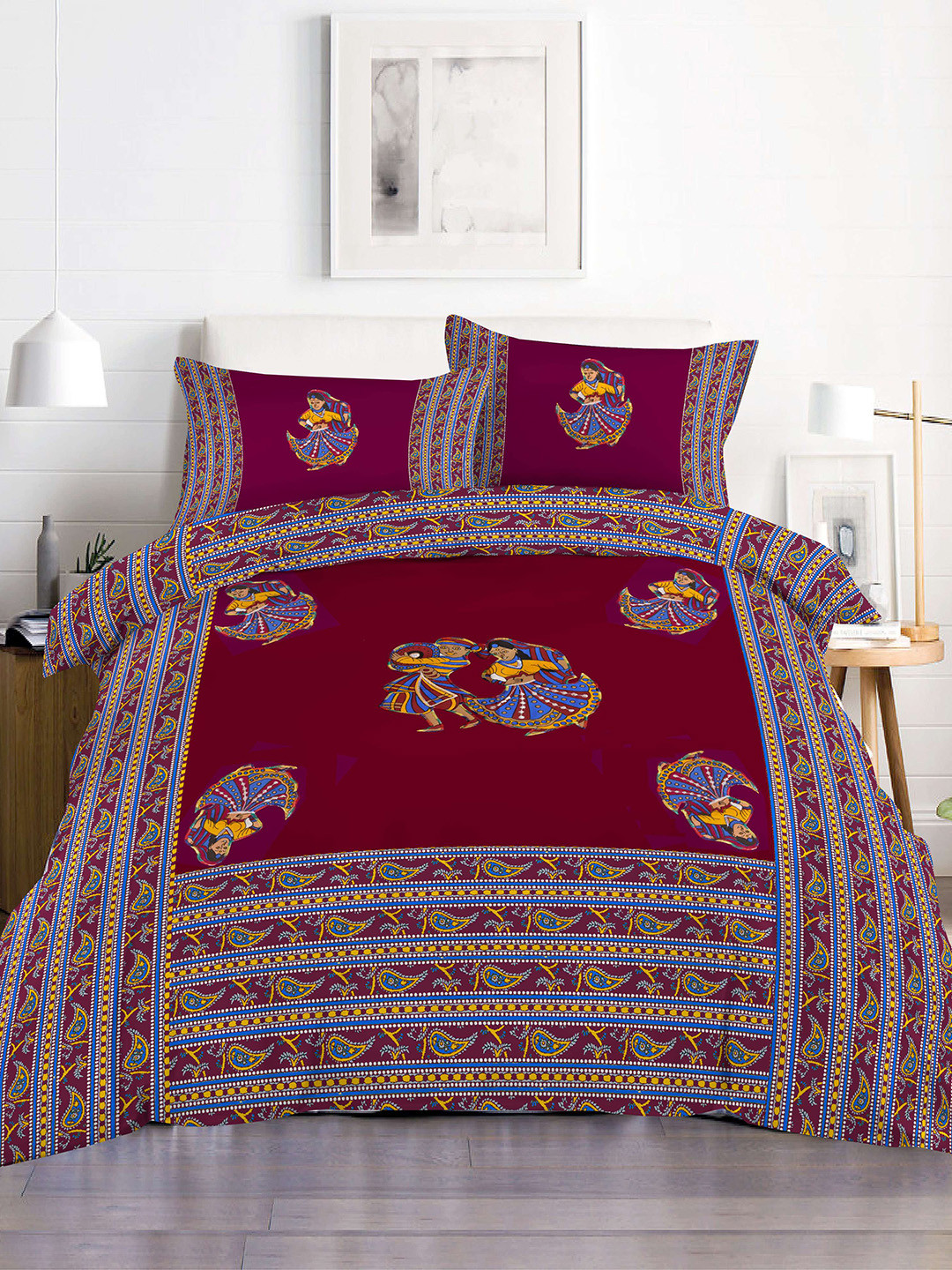 

Lali Prints Maroon & Blue Ethnic Motifs Cotton 180 TC King Bedsheet With 2 Pillow Covers