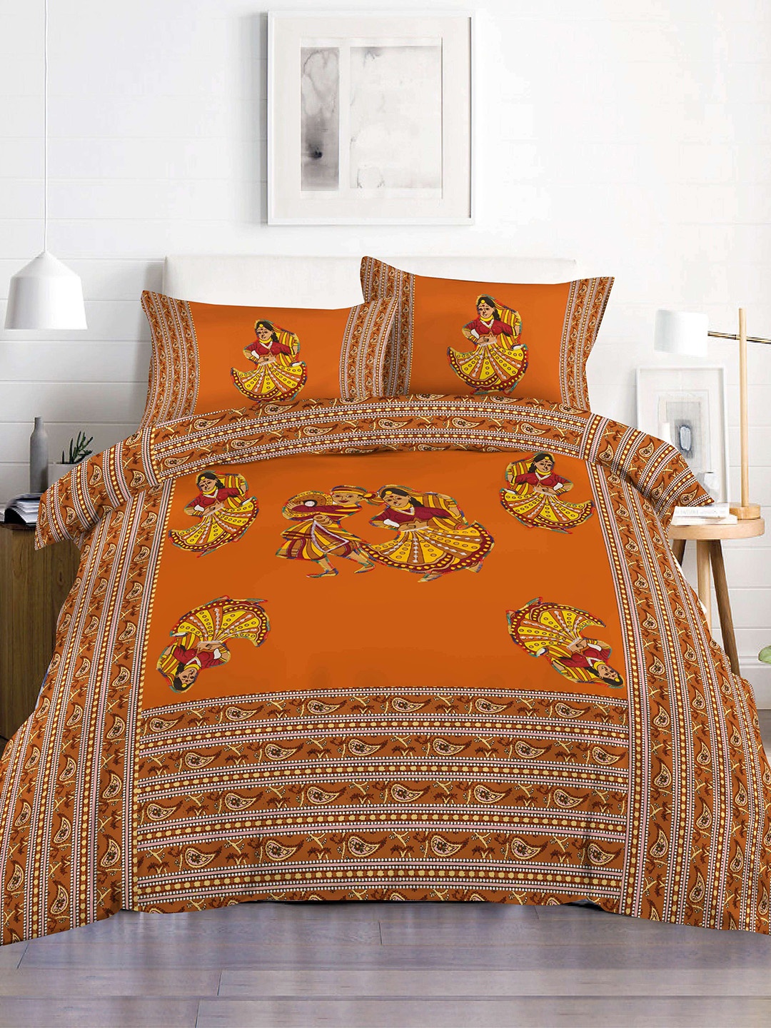 

Lali Prints Orange & Red Ethnic Motifs Cotton 180 TC King Bedsheet With 2 Pillow Covers