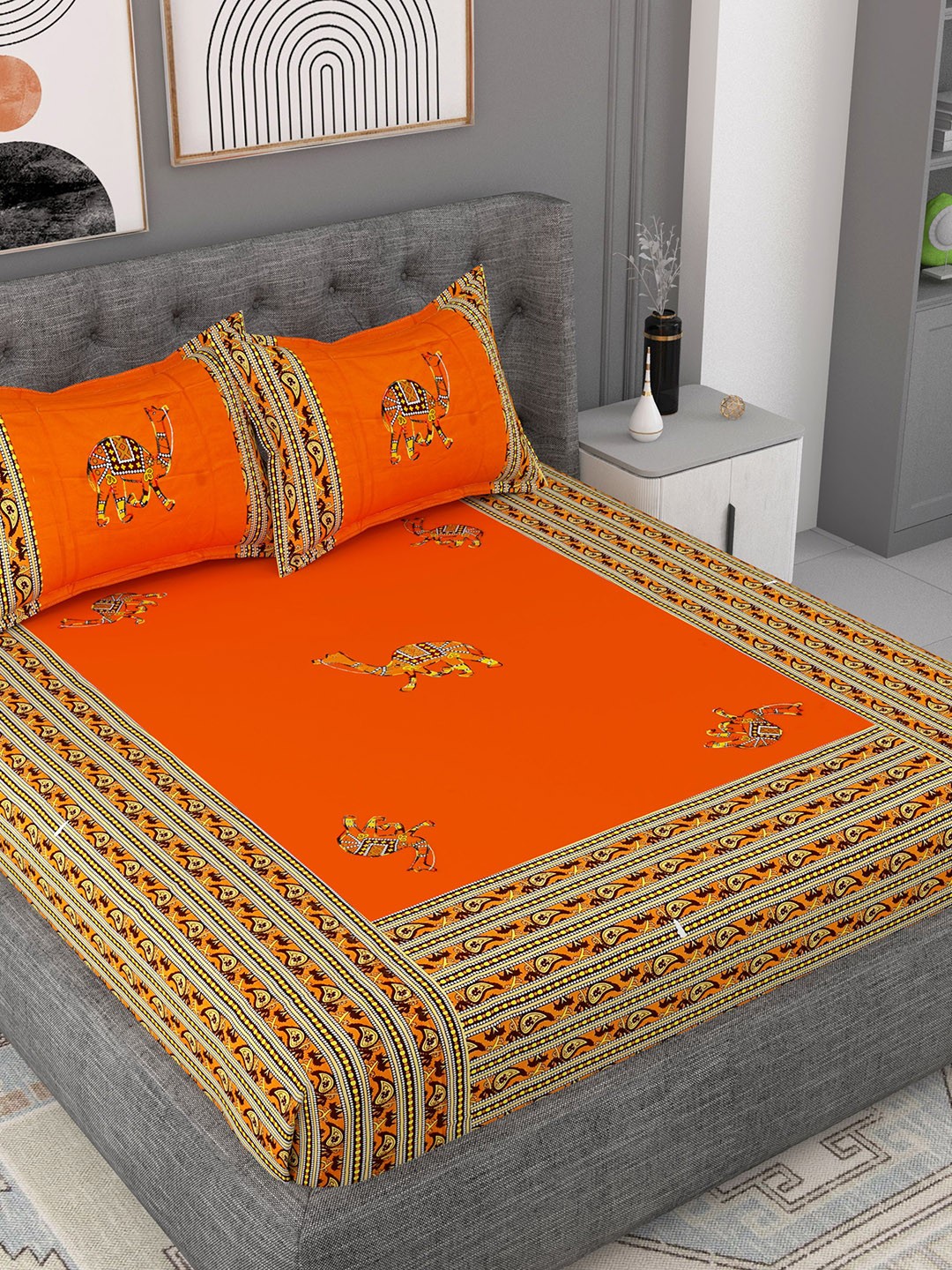 

Lali Prints Orange & Red Printed Cotton 180 TC King Bedsheet with 2 Pillow Covers