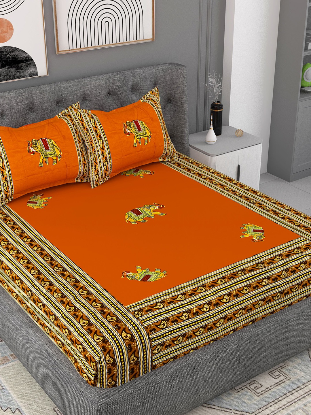 

Lali Prints Orange & Red Printed Cotton 180 TC King Bedsheet with 2 Pillow Covers