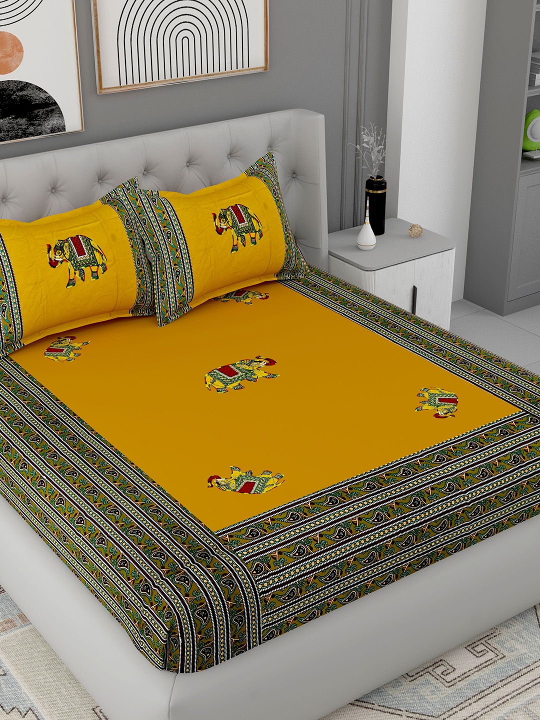 

Lali Prints Green & Mustard Printed Cotton 180 TC King Bedsheet with 2 Pillow Covers