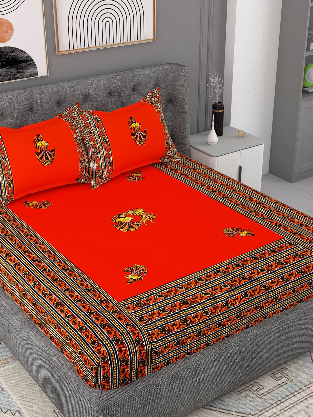 

Lali Prints Orange & Red Ethnic Motifs Cotton 180 TC King Bedsheet With 2 Pillow Covers