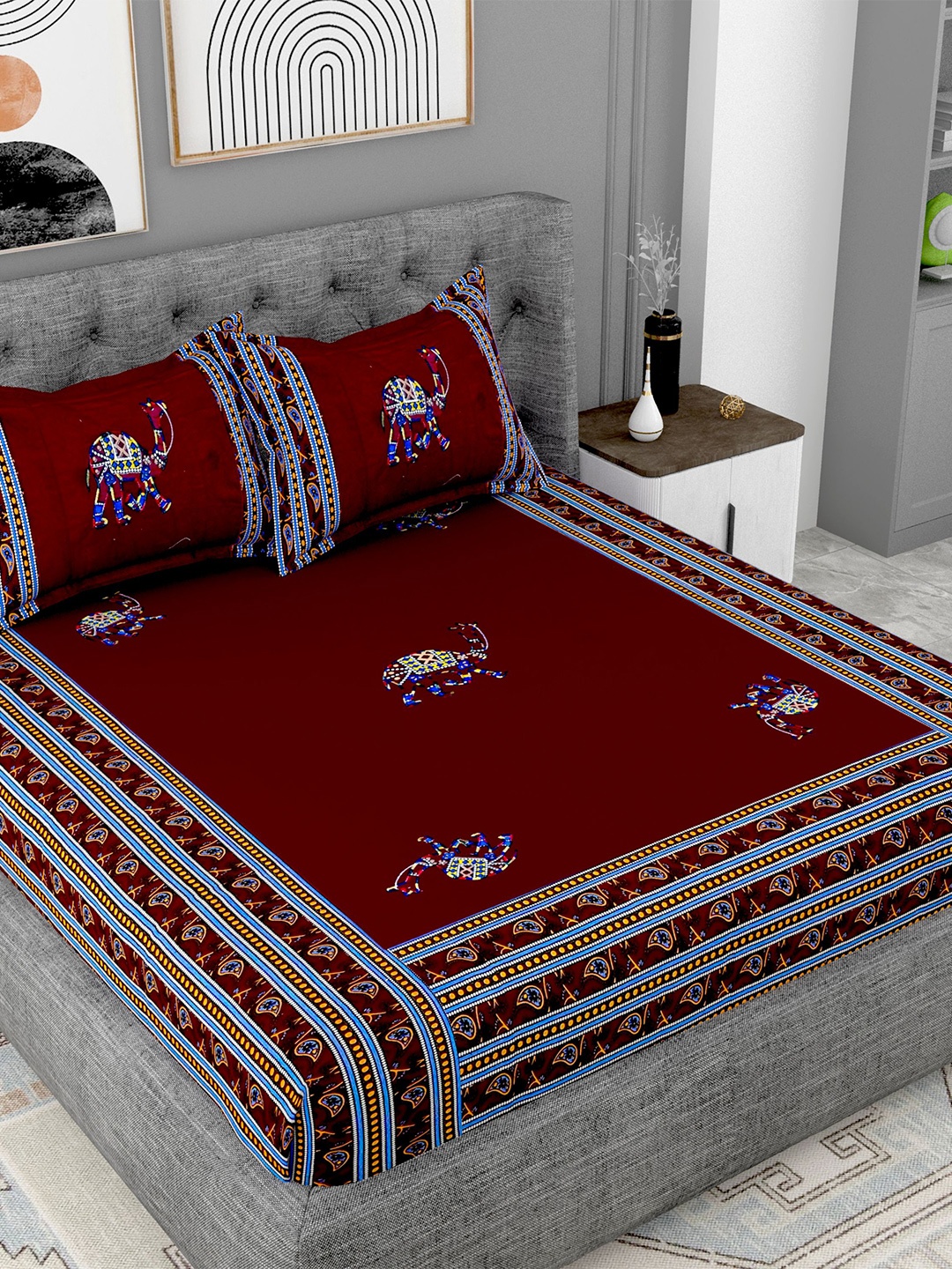 

Lali Prints Maroon & Yellow Ethnic Motifs Cotton 180 TC King Bedsheet With 2 Pillow Covers