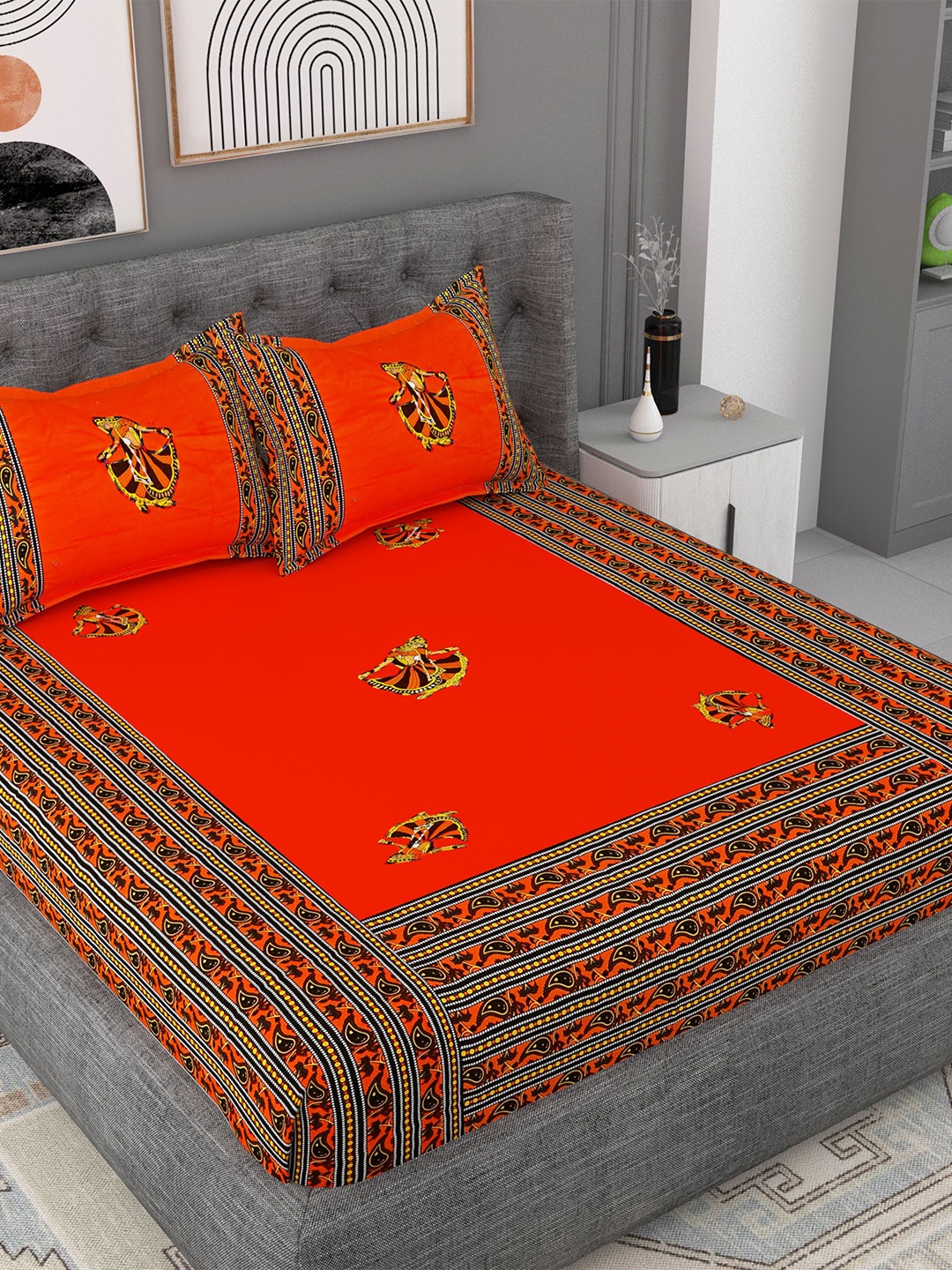 

Lali Prints Orange & Yellow Ethnic Motifs Cotton 180 TC King Bedsheet With 2 Pillow Covers