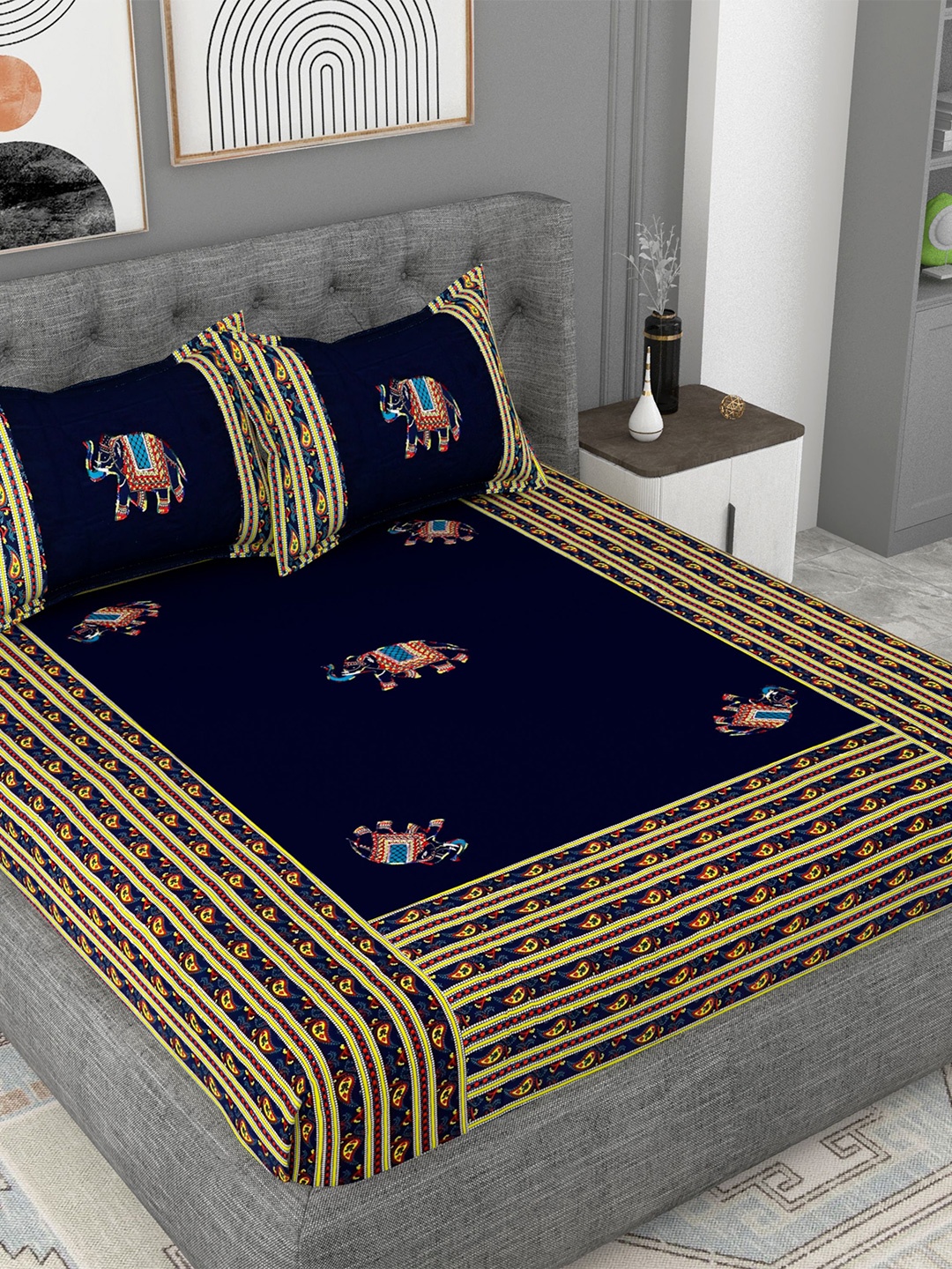 

Lali Prints Blue & Yellow Ethnic Motifs Cotton 180 TC King Bedsheet With 2 Pillow Covers