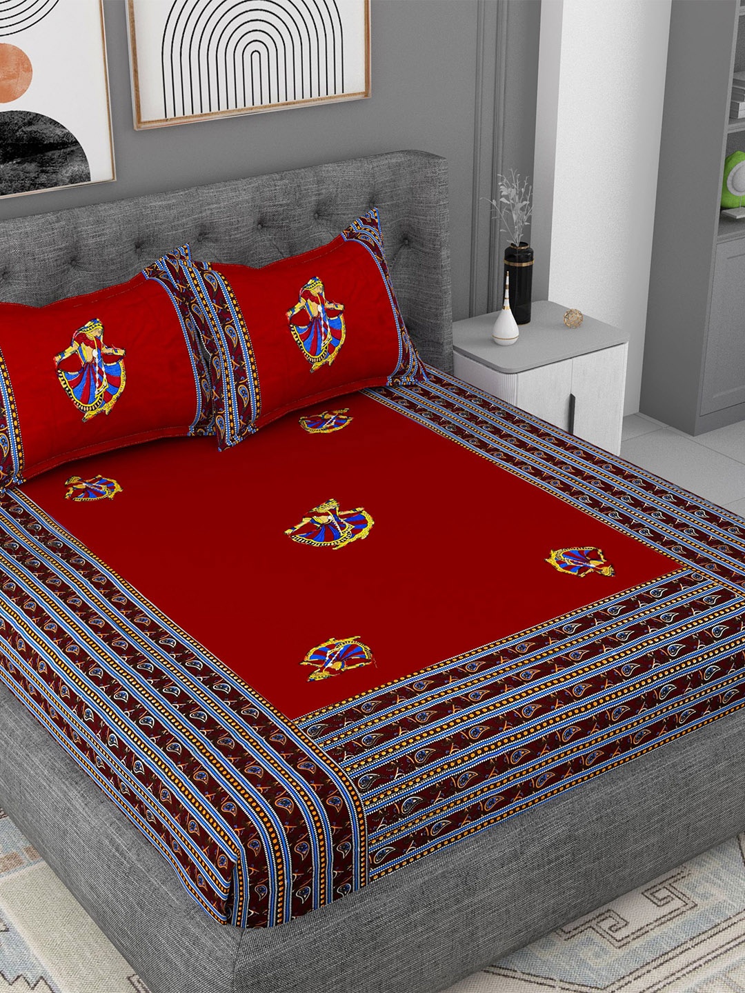 

Lali Prints Red & Mustard Ethnic Motifs Cotton 180 TC King Bedsheet & 2 Pillow Covers