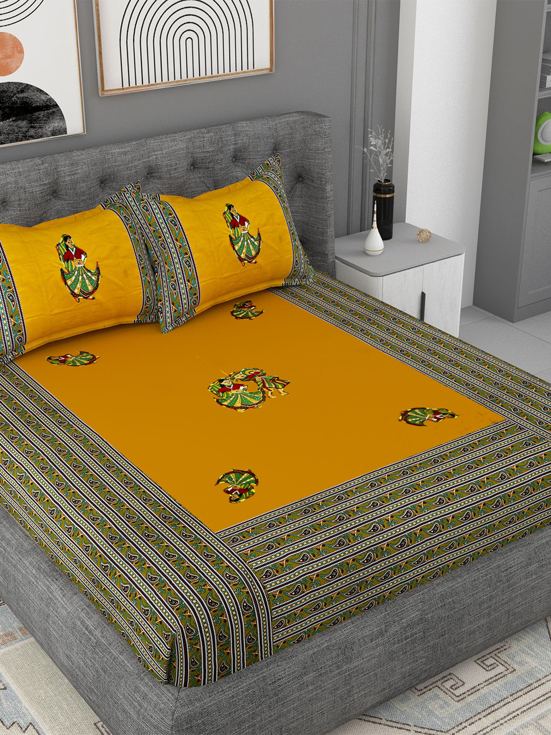 

Lali Prints Mustard & Green Ethnic Motifs Cotton 180 TC King Bedsheet With 2 Pillow Covers