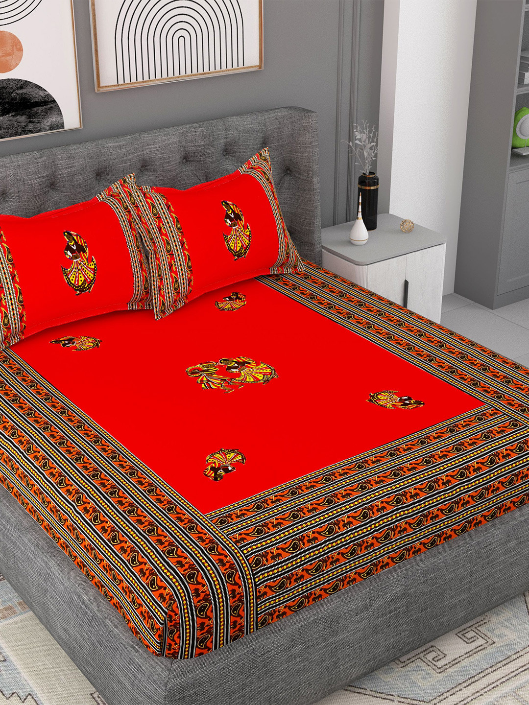 

Lali Prints Red & Green Ethnic Motifs Cotton 180 TC King Bedsheet With 2 Pillow Covers