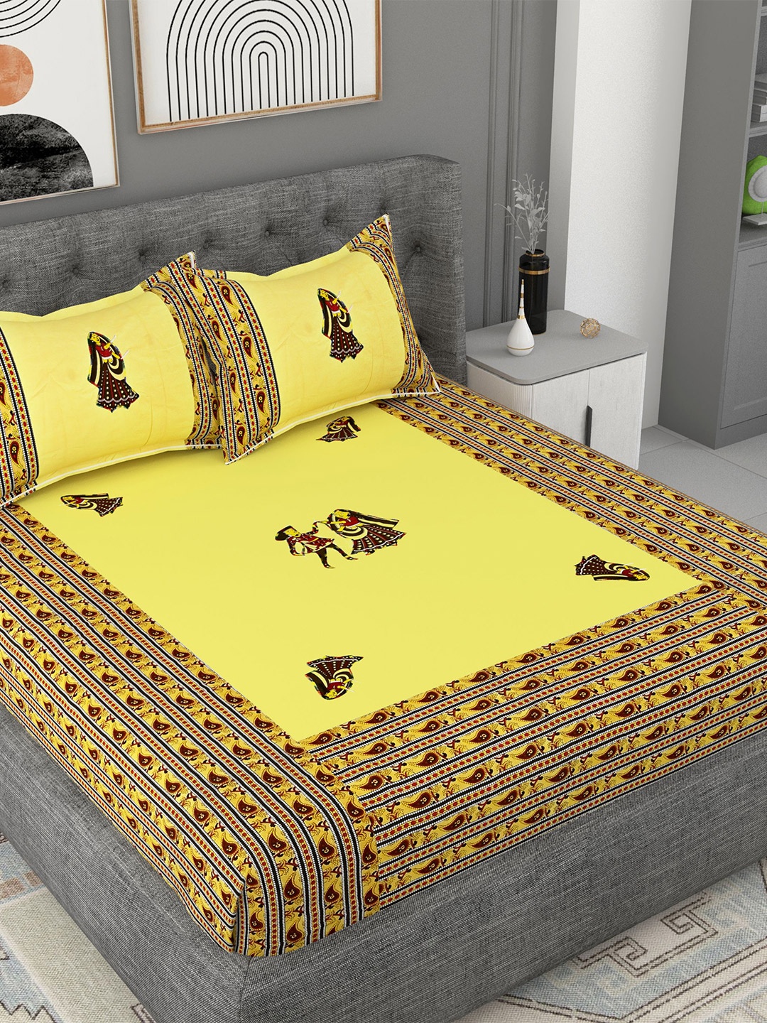 

Lali Prints Yellow & Maroon Ethnic Motifs Cotton 180 TC King Bedsheet With 2 Pillow Covers