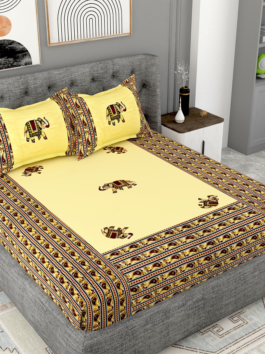 

Lali Prints Yellow Abstract Printed Cotton 180 TC King Bedsheet With 2 Pillow Covers