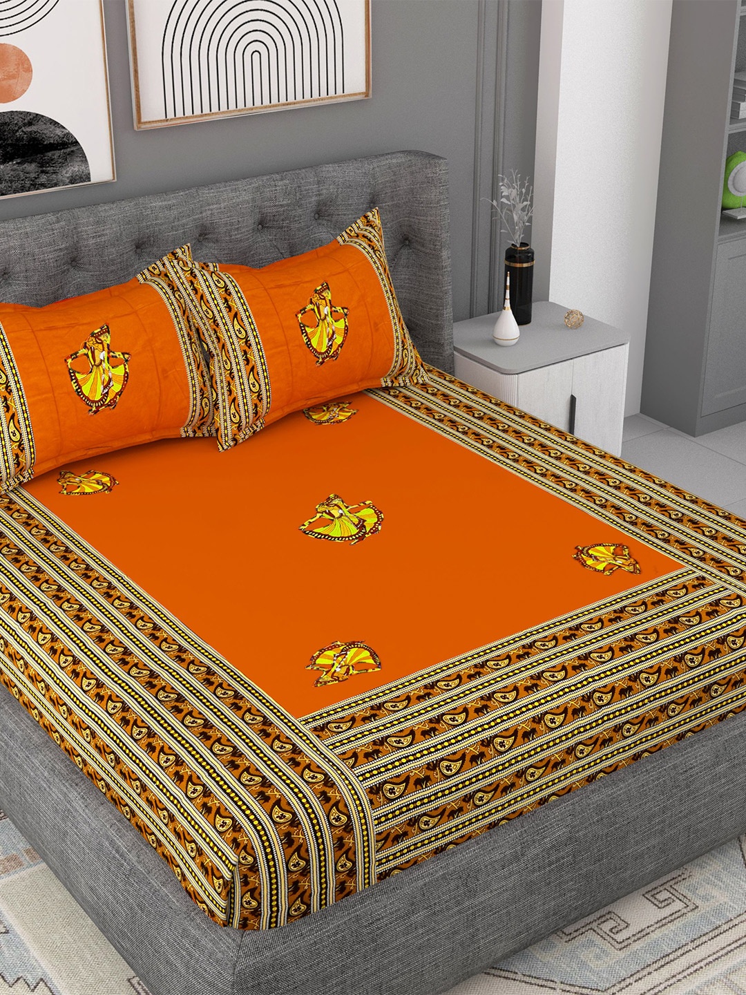 

Lali Prints Orange & Beige Ethnic Motifs Cotton 180 TC King Bedsheet With 2 Pillow Covers