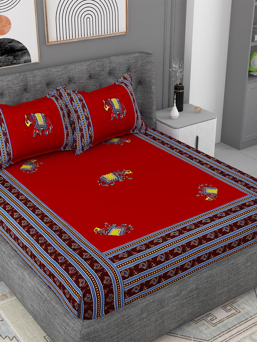 

Lali Prints Maroon & Yellow Ethnic Motifs Cotton 180 TC King Bedsheet With 2 Pillow Covers