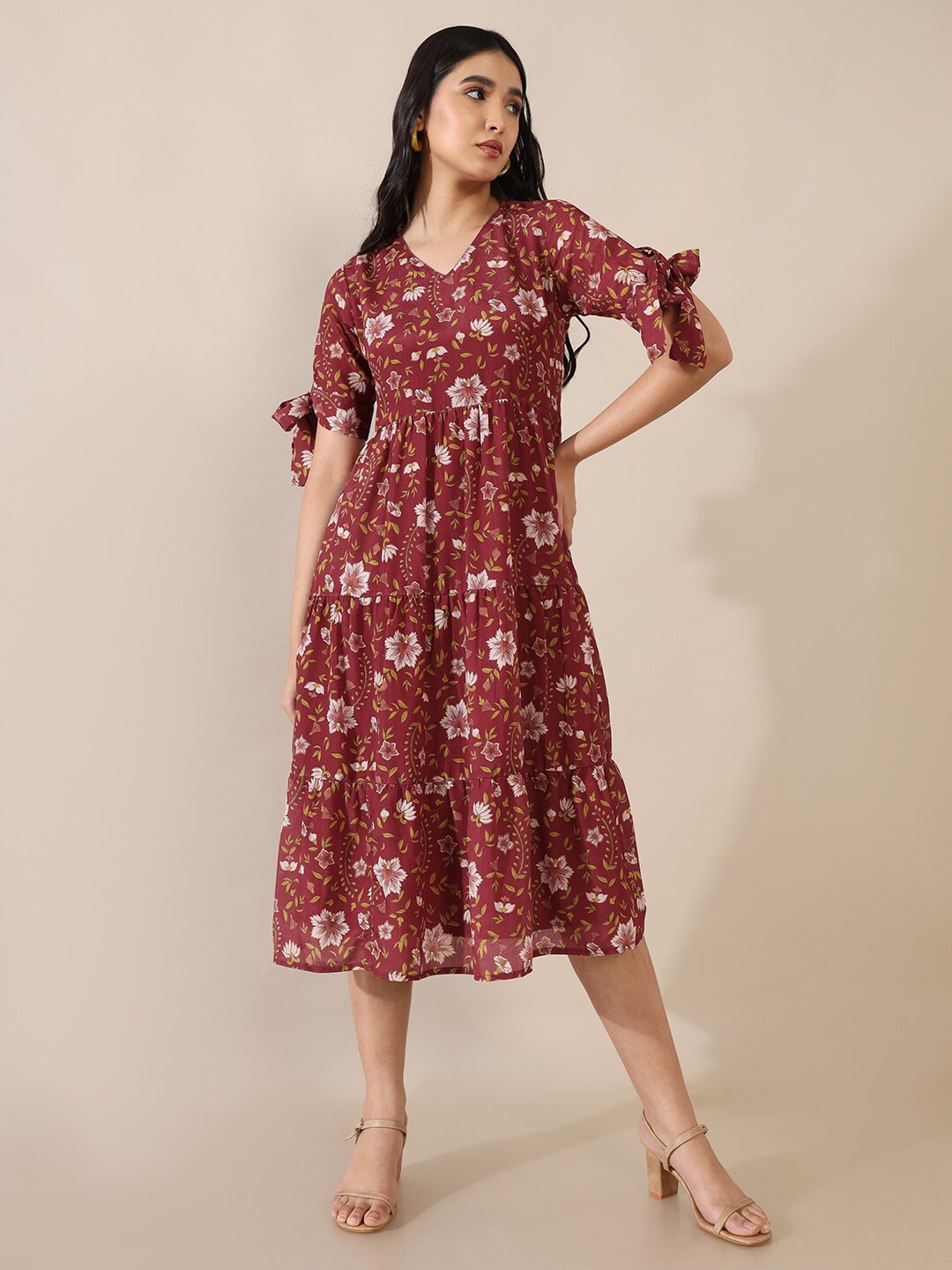 

Saaki Floral Printed Tie-Ups Sleeves Fit & Flare Midi Dress, Maroon