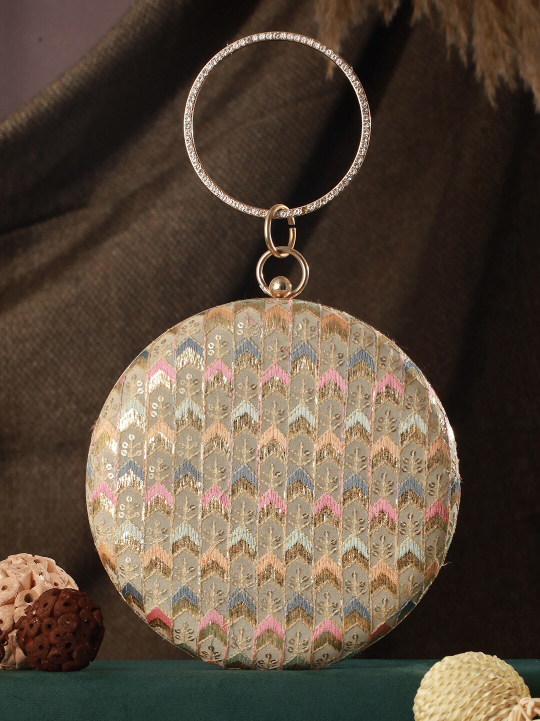 

Priyaasi Embroidered Sequinned Round Clutch, Beige