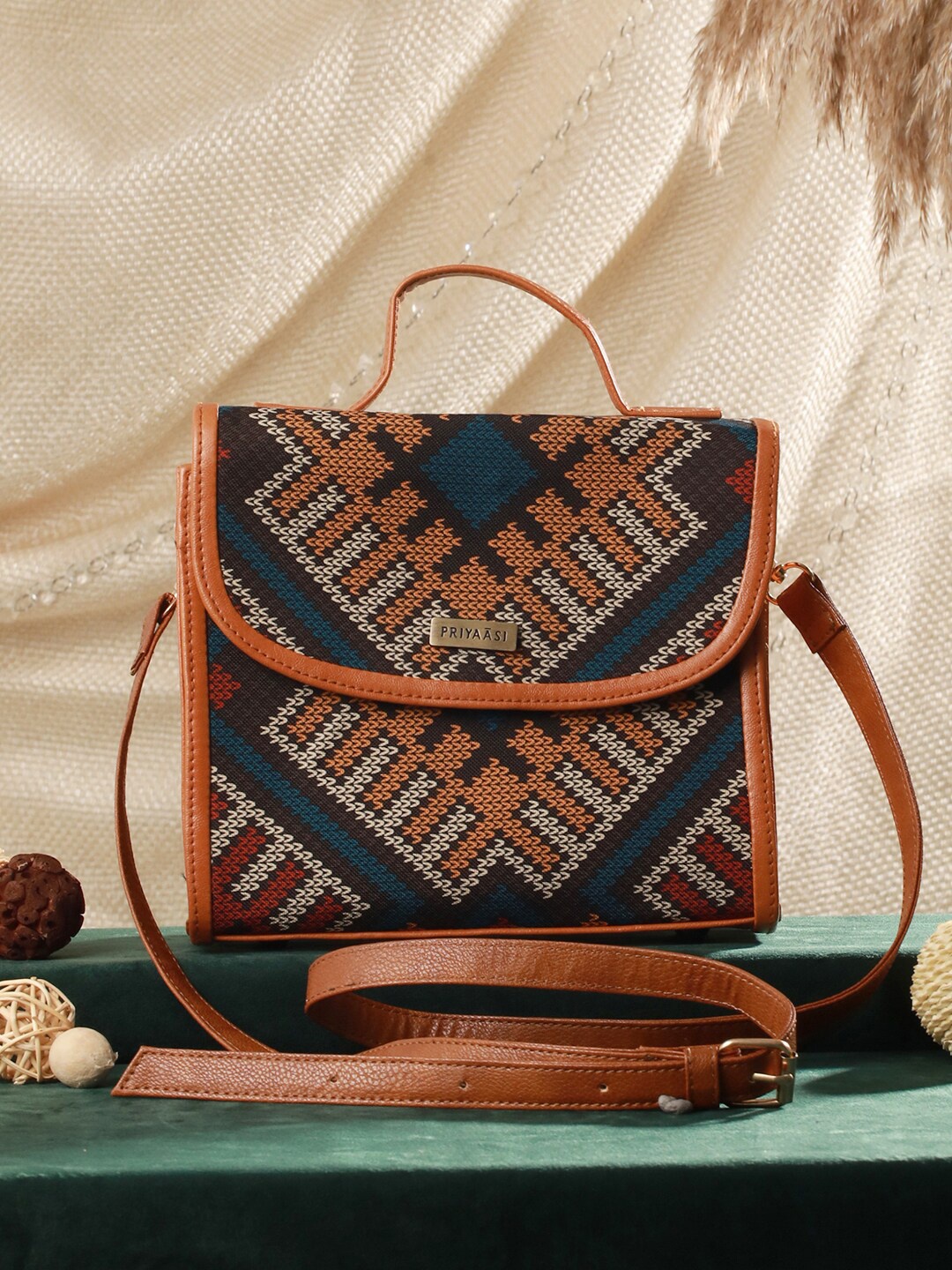 

Priyaasi Ethnic Motif Printed Structured Satchel, Brown