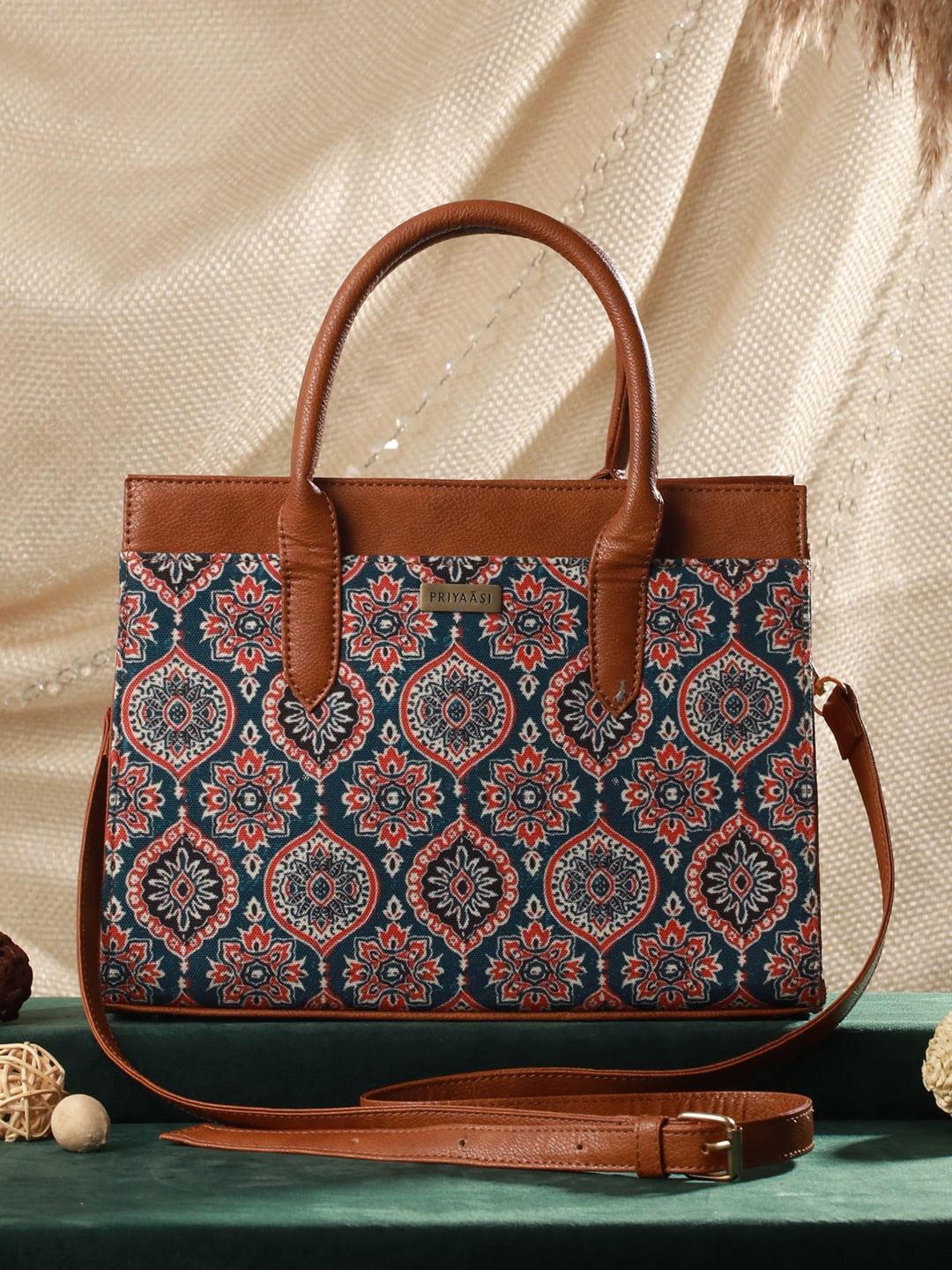 

Priyaasi Ethnic Motif Printed Structured Handheld Bag, Brown