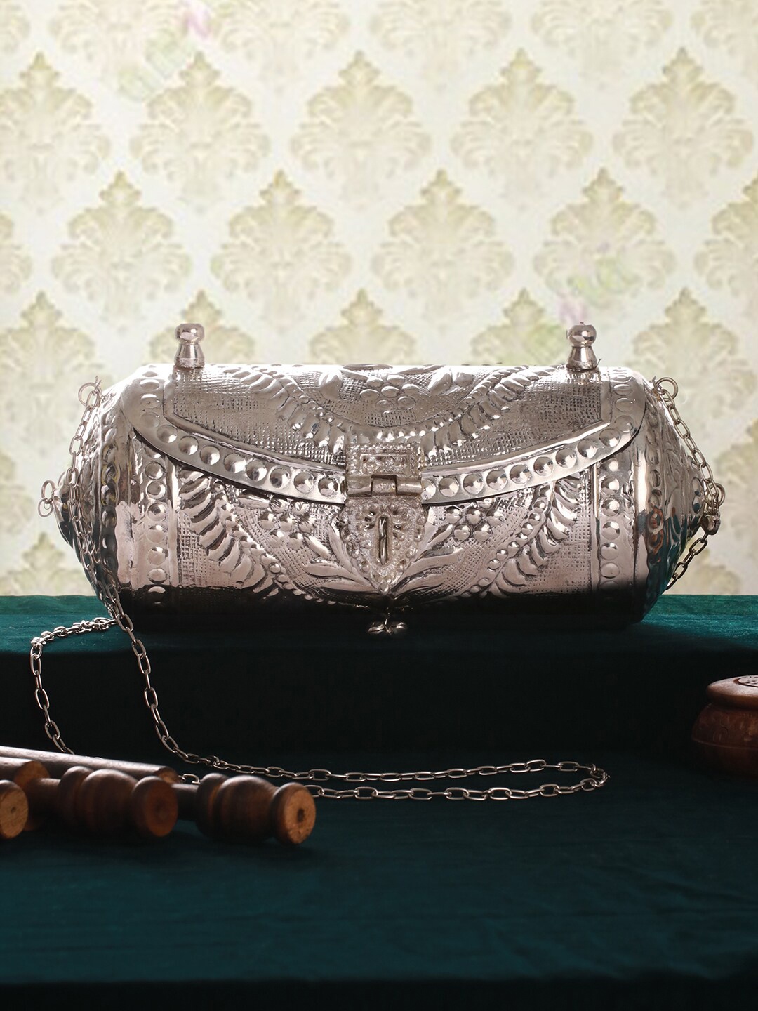 

Priyaasi Textured Metallic Box Clutch, Silver