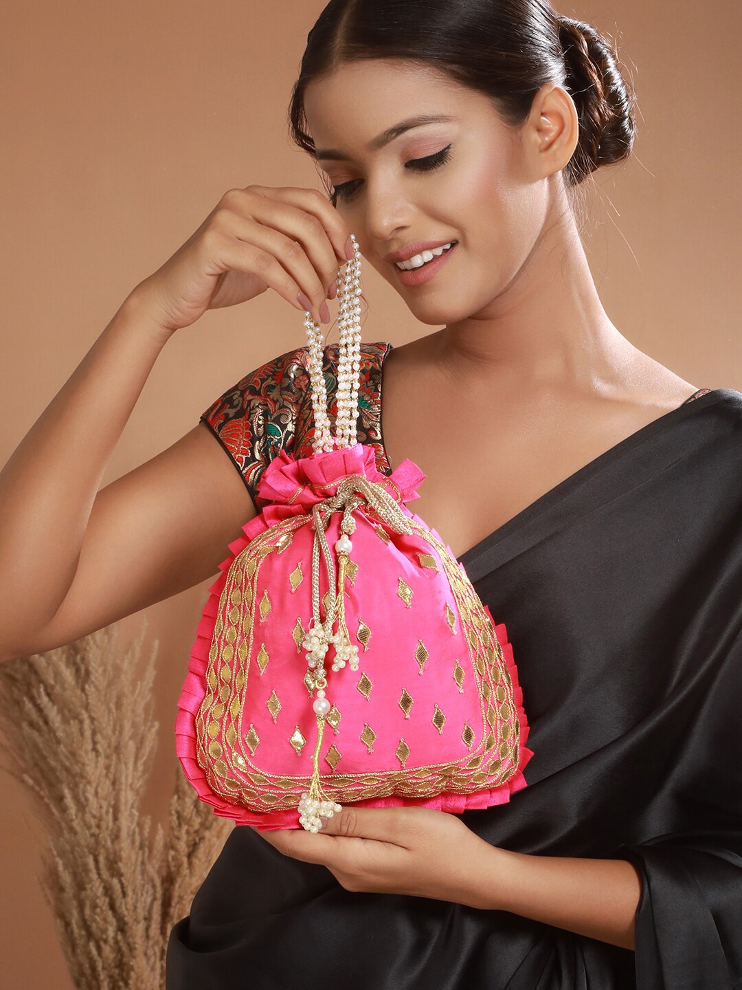 

Priyaasi Embroidered Fringed Potli Clutch, Pink
