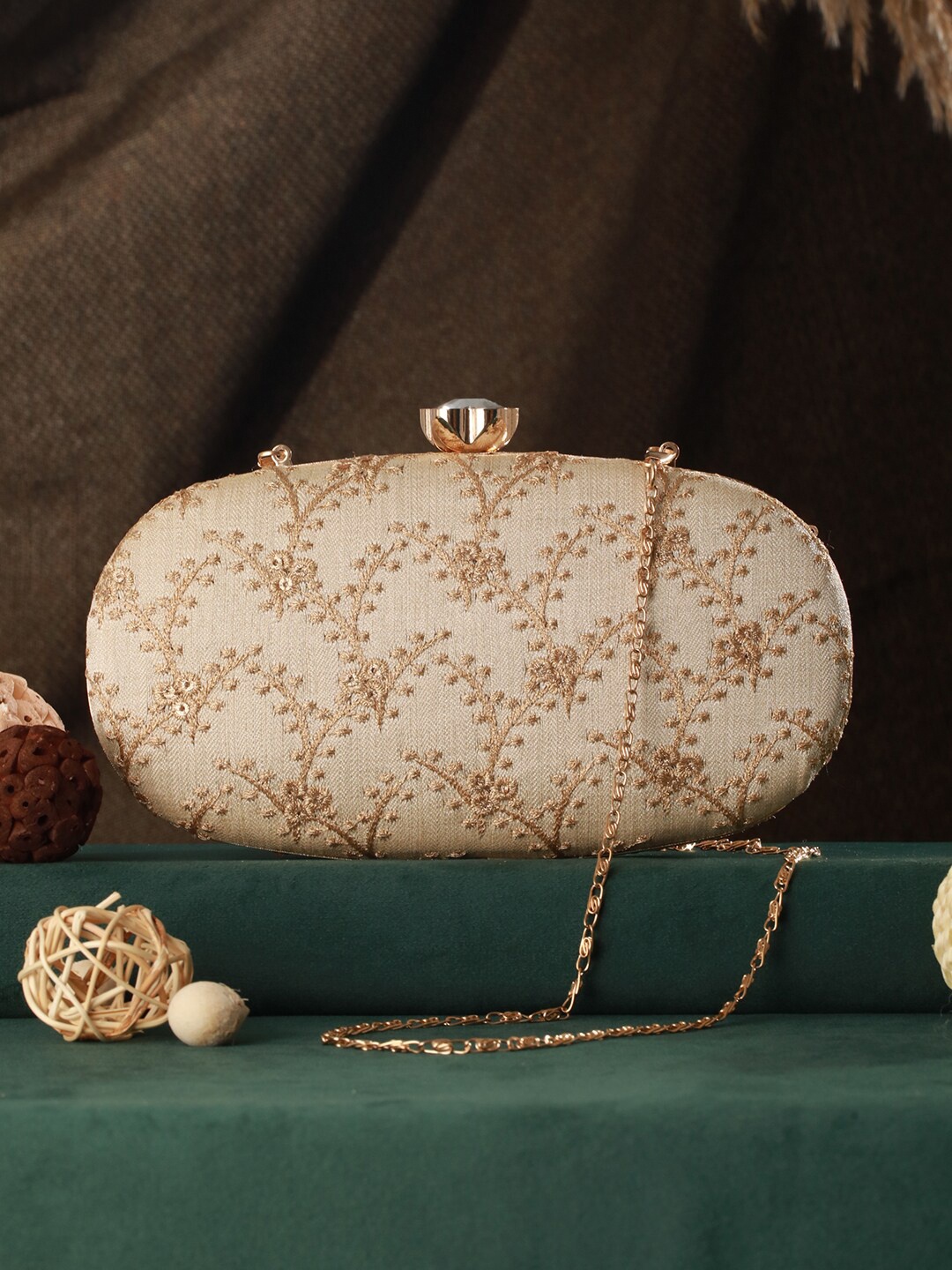 

Priyaasi Embroidered Box Clutch, Gold