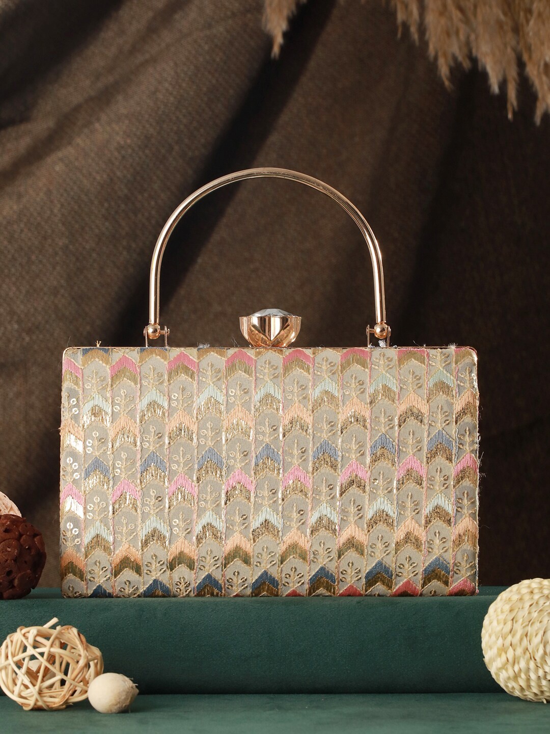 

Priyaasi Embroidered Box Clutch, Cream