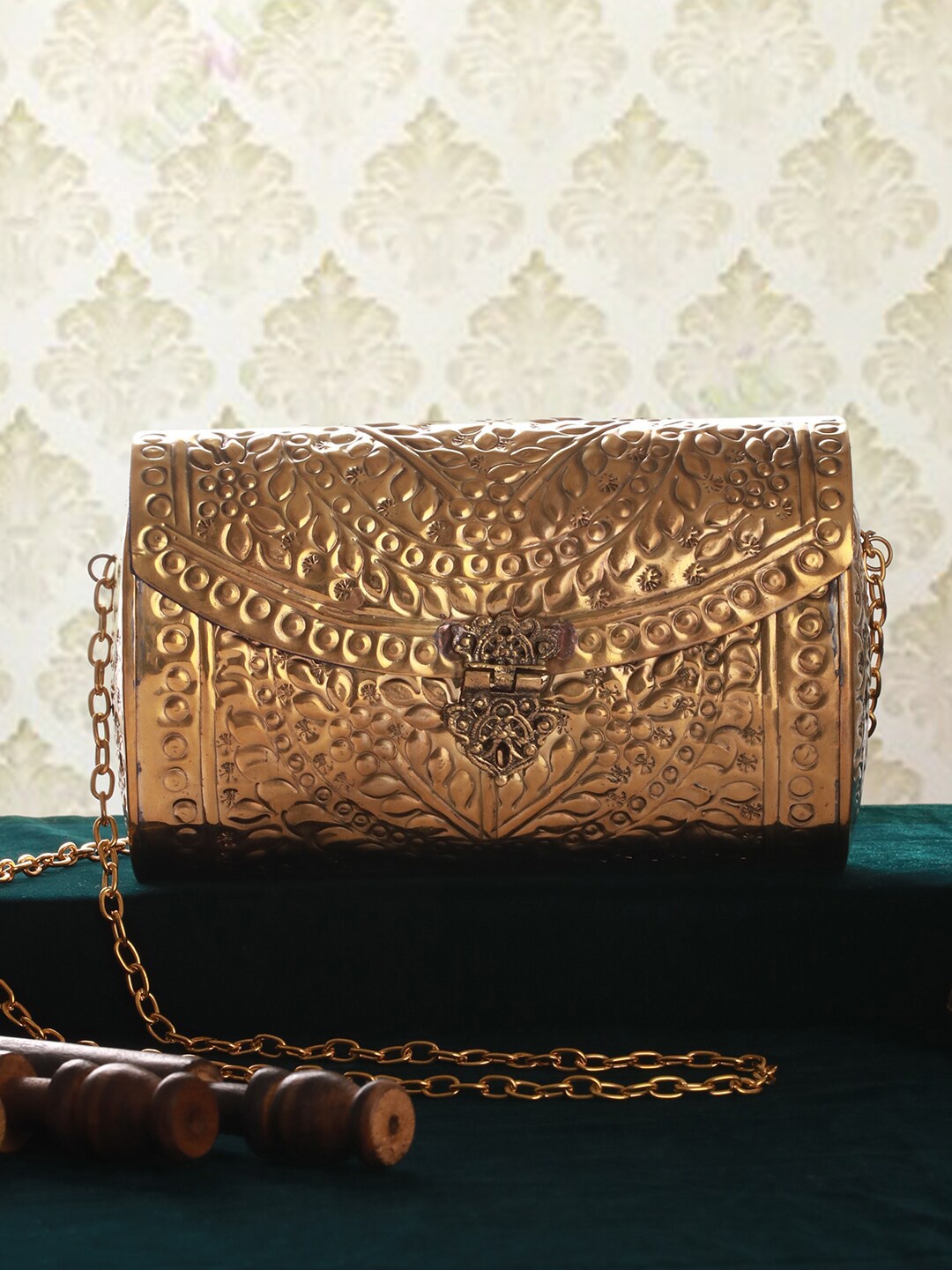 

Priyaasi Textured Buckle Detail Box Clutch, Gold