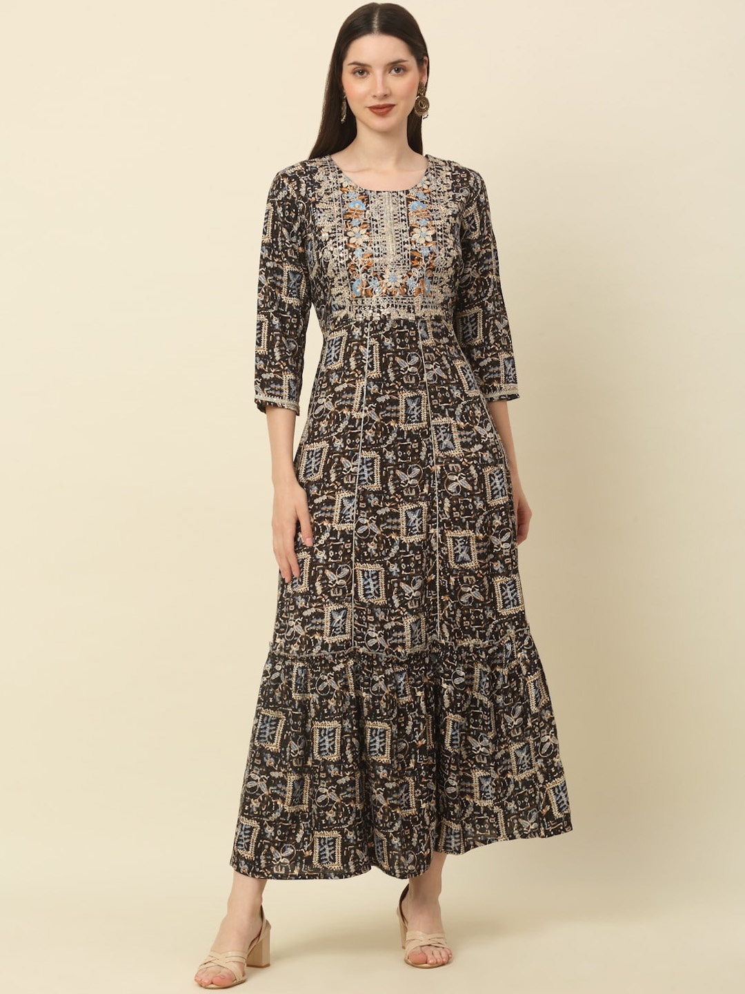 

MYAZA Ethnic Motifs Printed Embroidered Ethnic Dress, Black