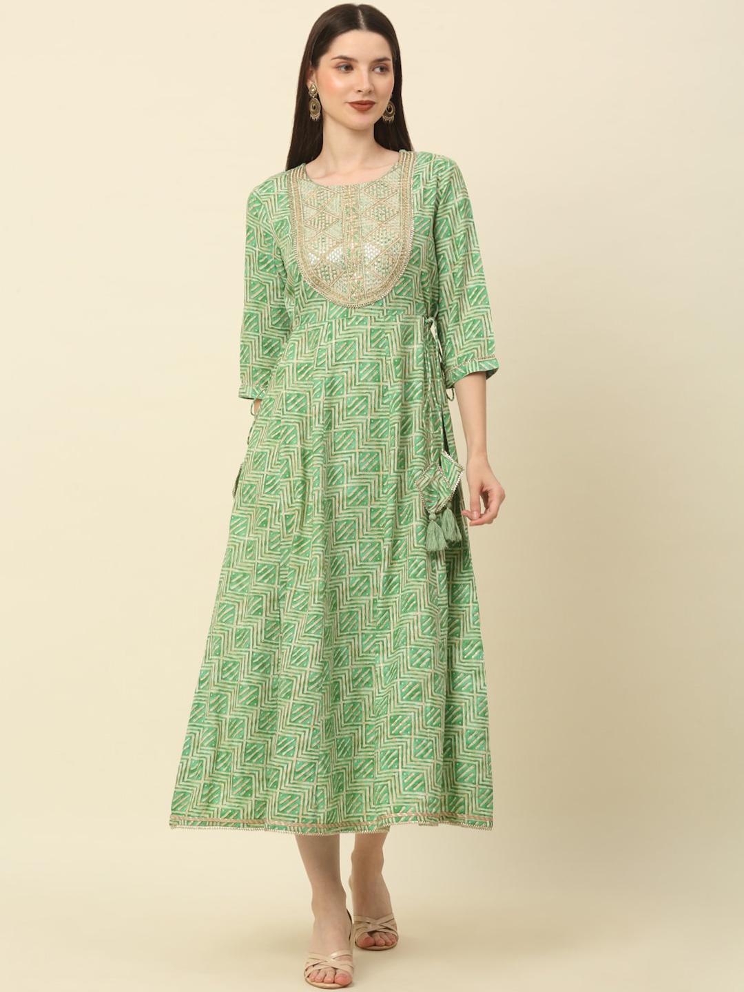 

MYAZA Geometric Printed Embroidered Midi Ethnic Dress, Green