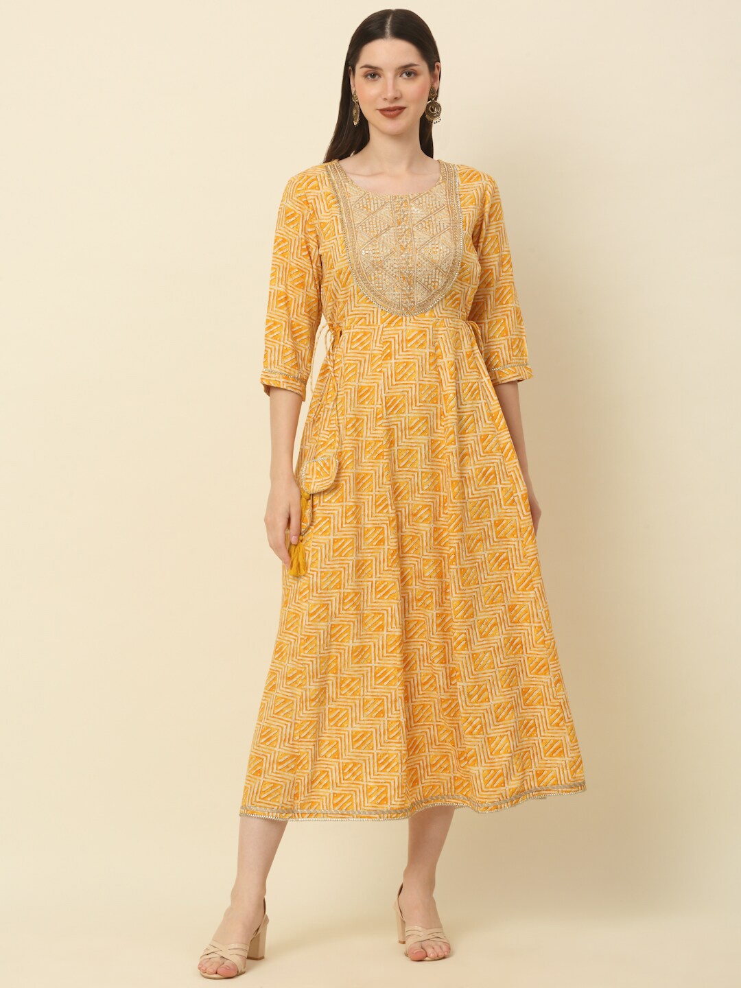 

MYAZA Geometric Printed Embroidered Midi Ethnic Dress, Yellow