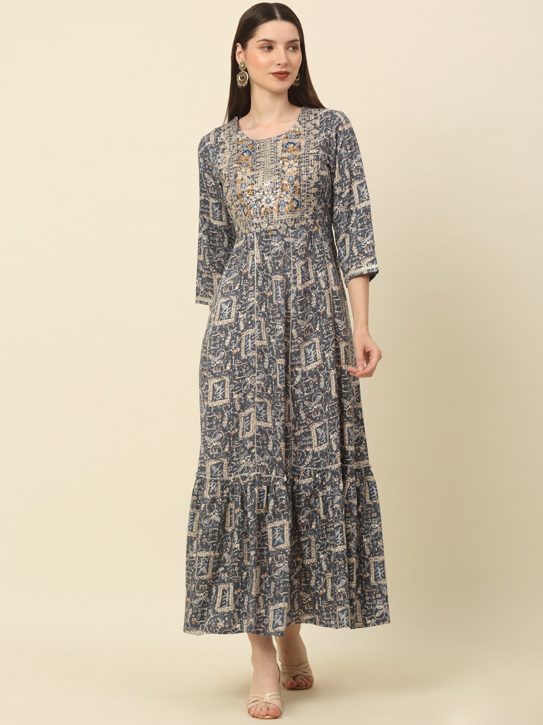 

MYAZA Ethnic Motif Printed Thread Work Anarkali Kurta, Grey
