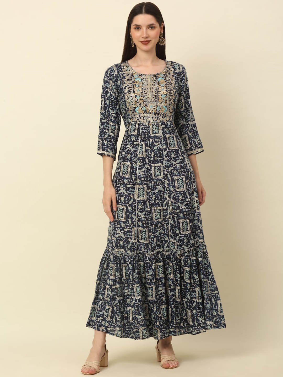 

MYAZA Ethnic Motifs Printed Embroidered Ethnic Dress, Blue
