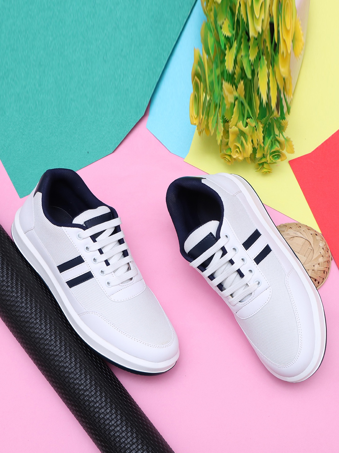 

Roadster Men White & Navy Blue Striped Lightweight Padded Insole Basics Sneakers