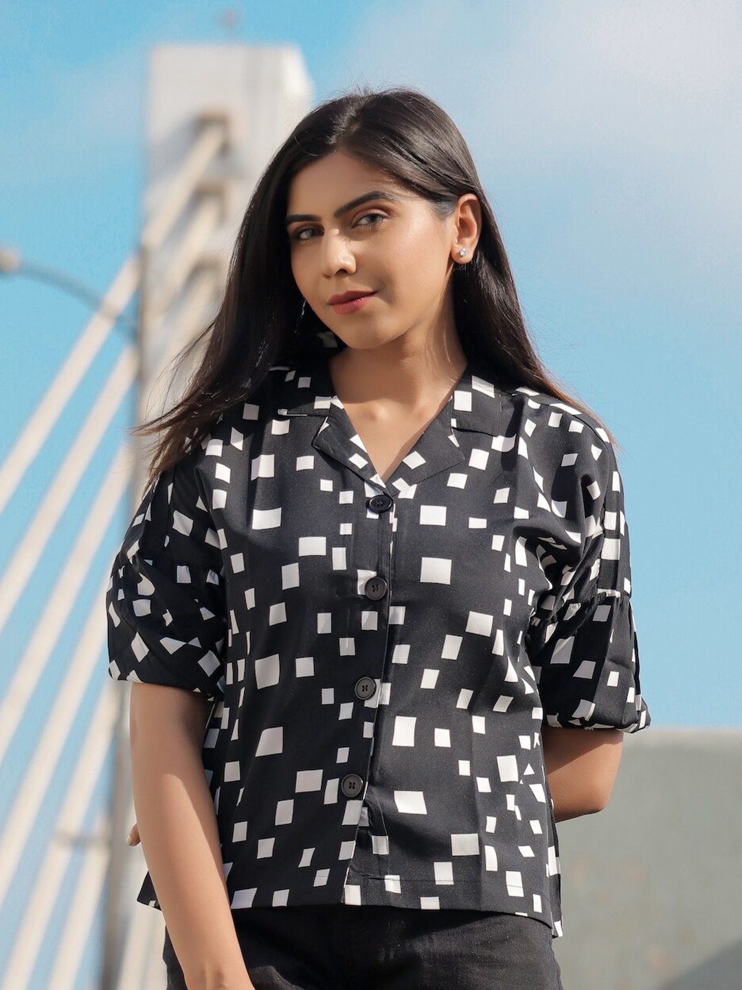 

HERE&NOW Geometric Printed Cuban Collar Casual Shirt, Black