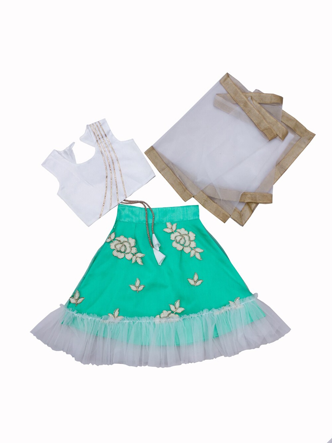 

BAESD Girls Embroidered Thread Work Ready to Wear Lehenga & Blouse With Dupatta, Sea green