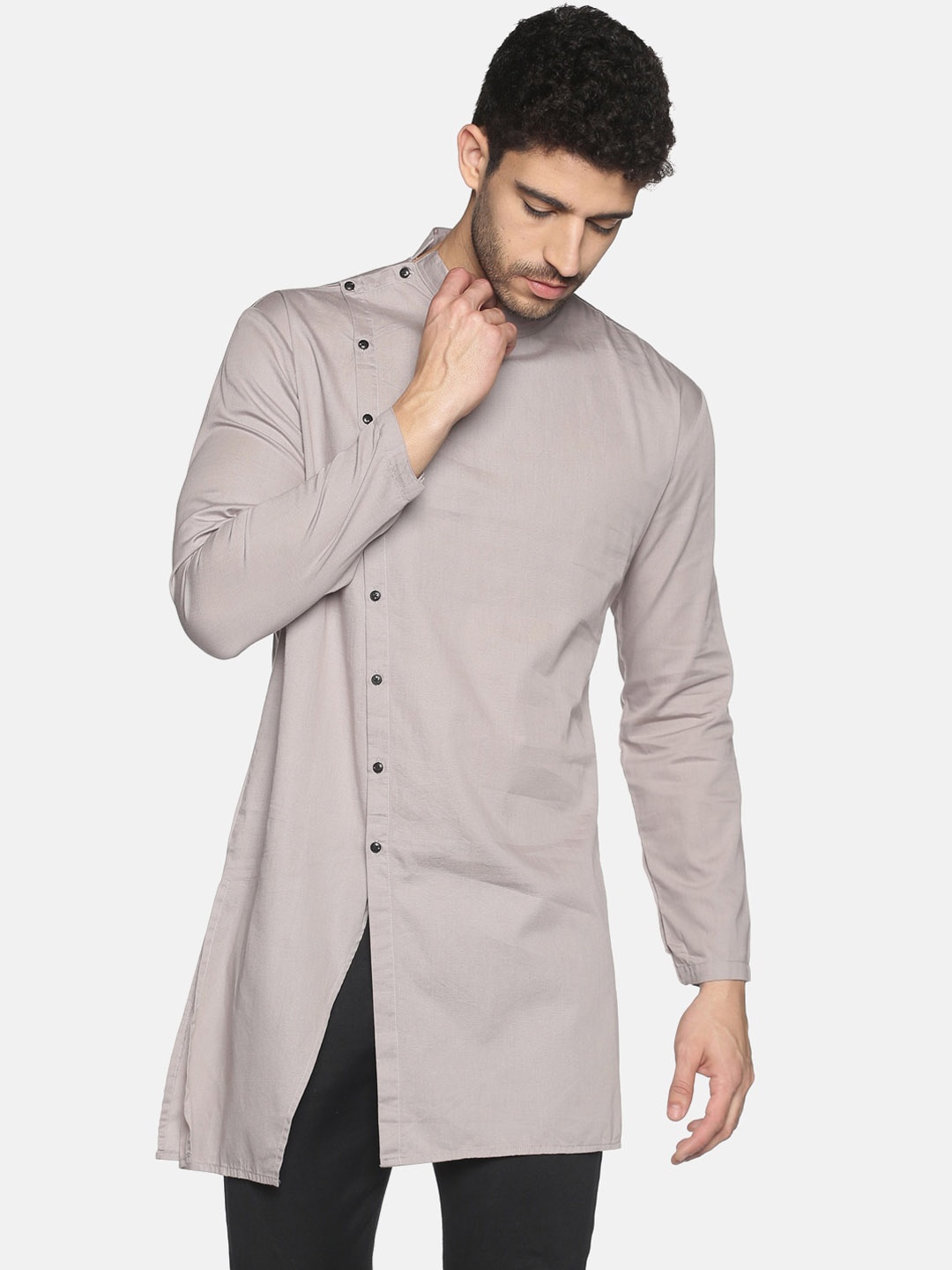 

SHOWOFF Mandarin Collar Cotton Straight Kurta, Grey