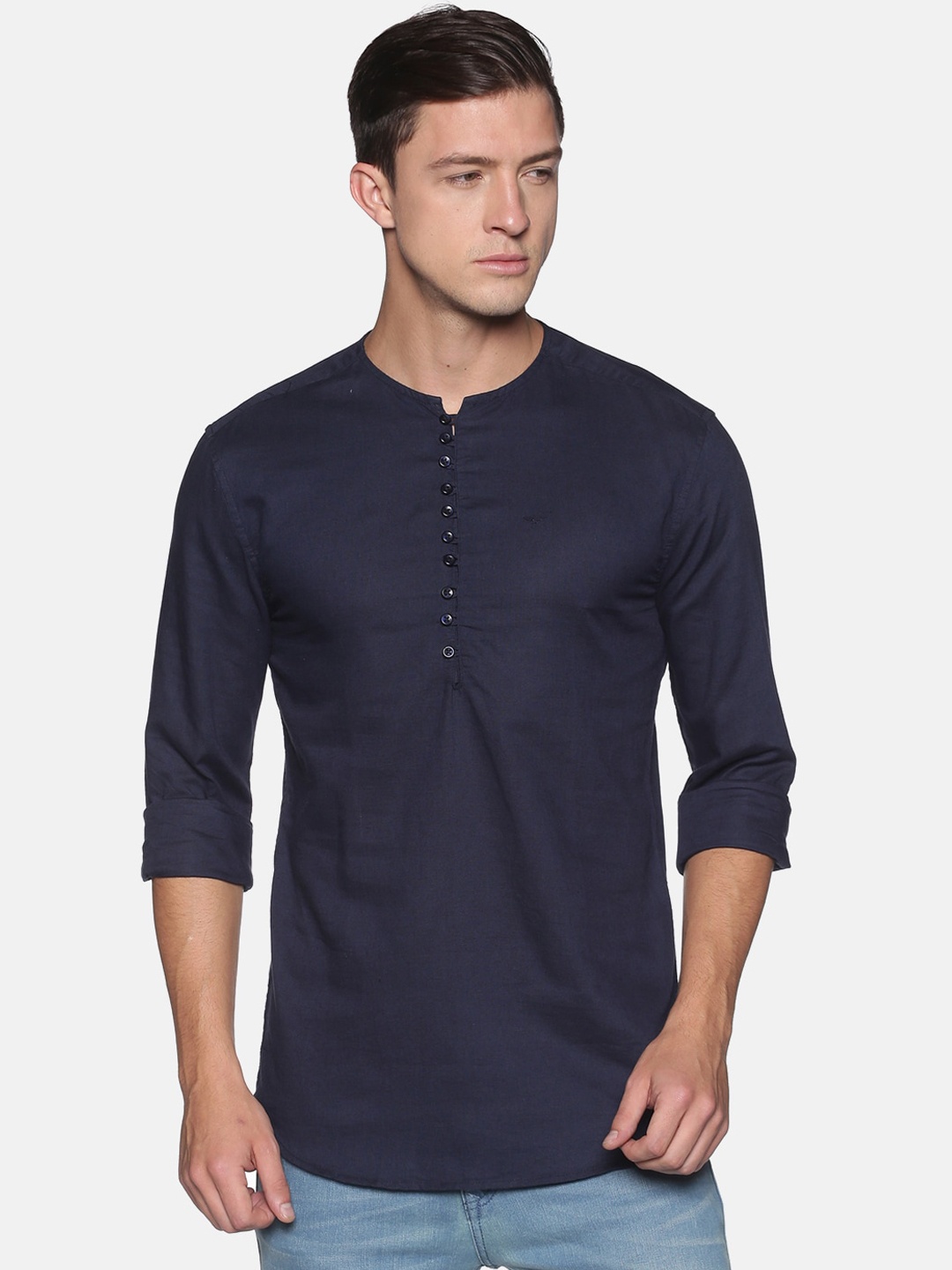 

SHOWOFF Round Neck Cotton Straight Kurta, Navy blue