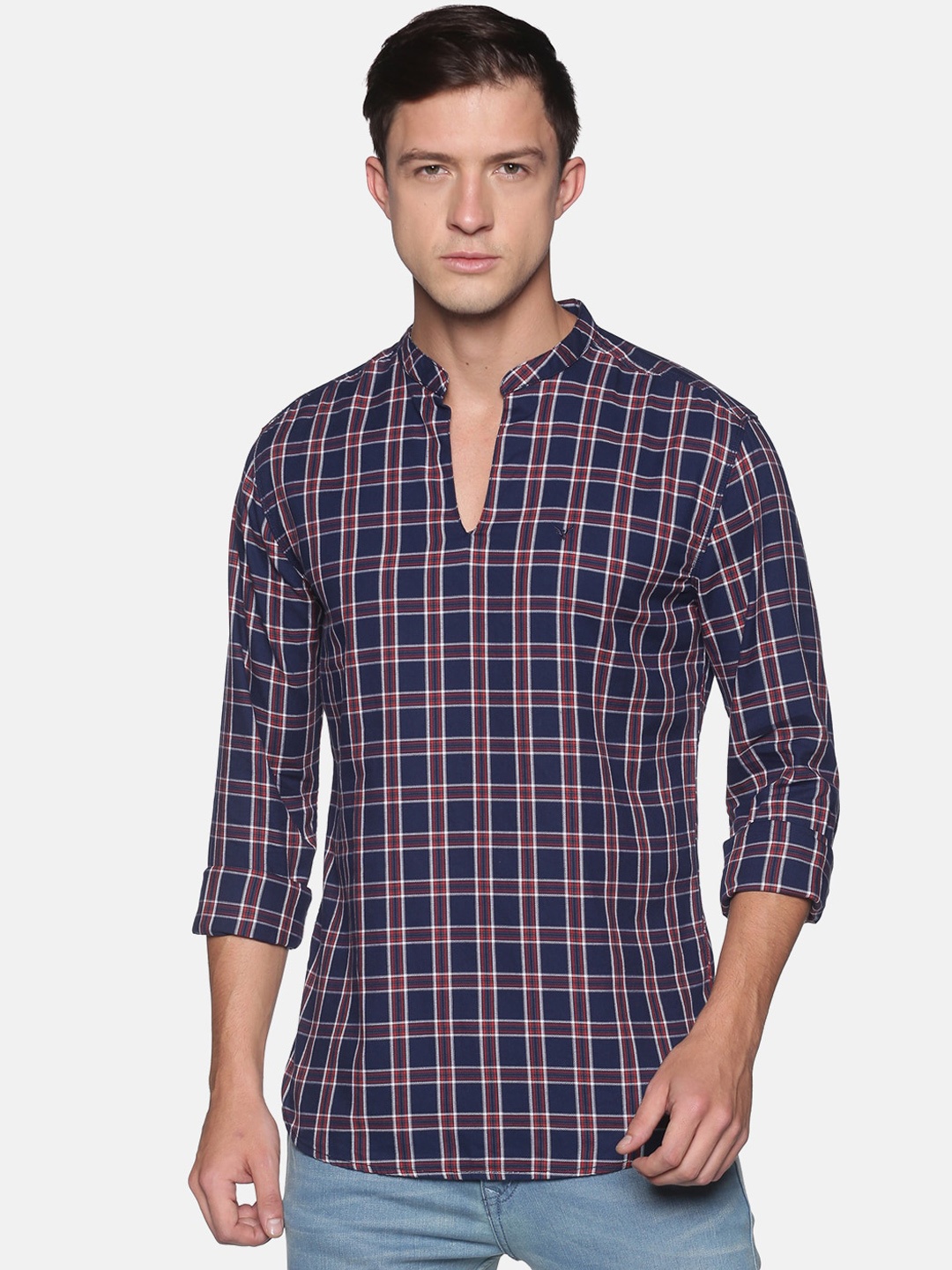 

SHOWOFF Checked Mandarin Collar Cotton Straight Kurta, Blue
