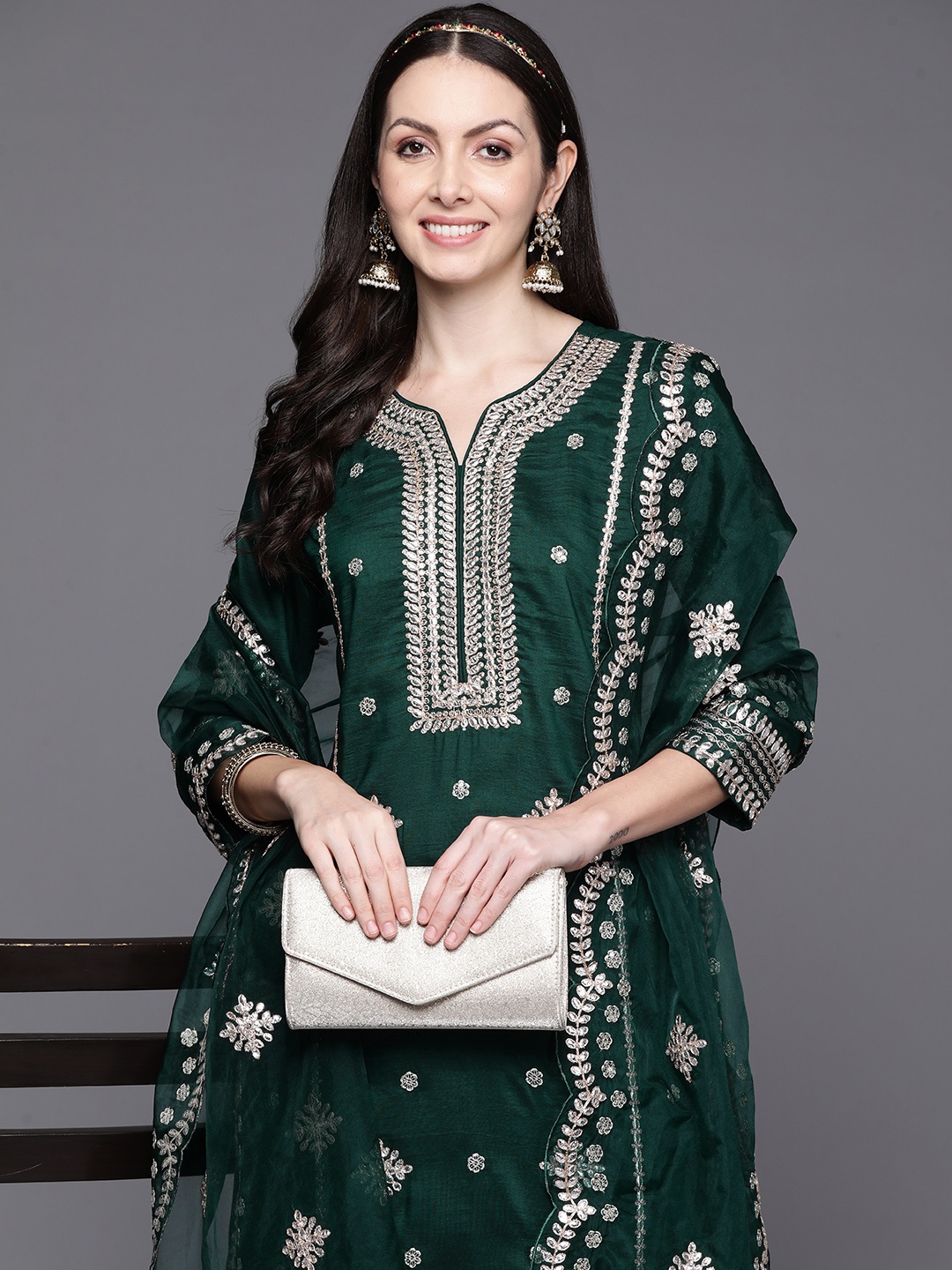 

Indo Era Women Ethnic Motifs Embroidered Gotta Patti Kurta with Trousers & Dupatta, Green