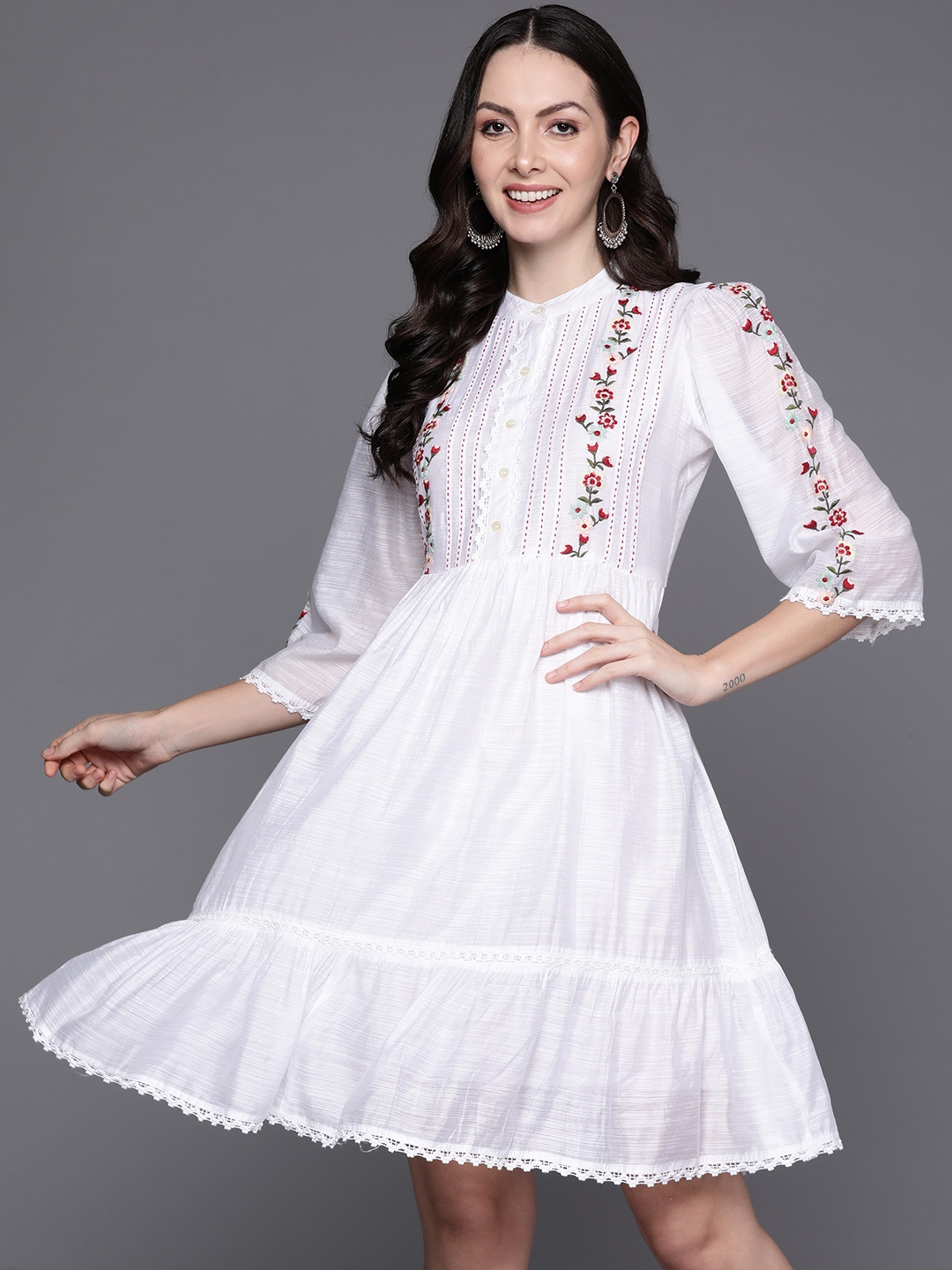 

Indo Era White Ethnic Motifs Embroidered A-Line Dress